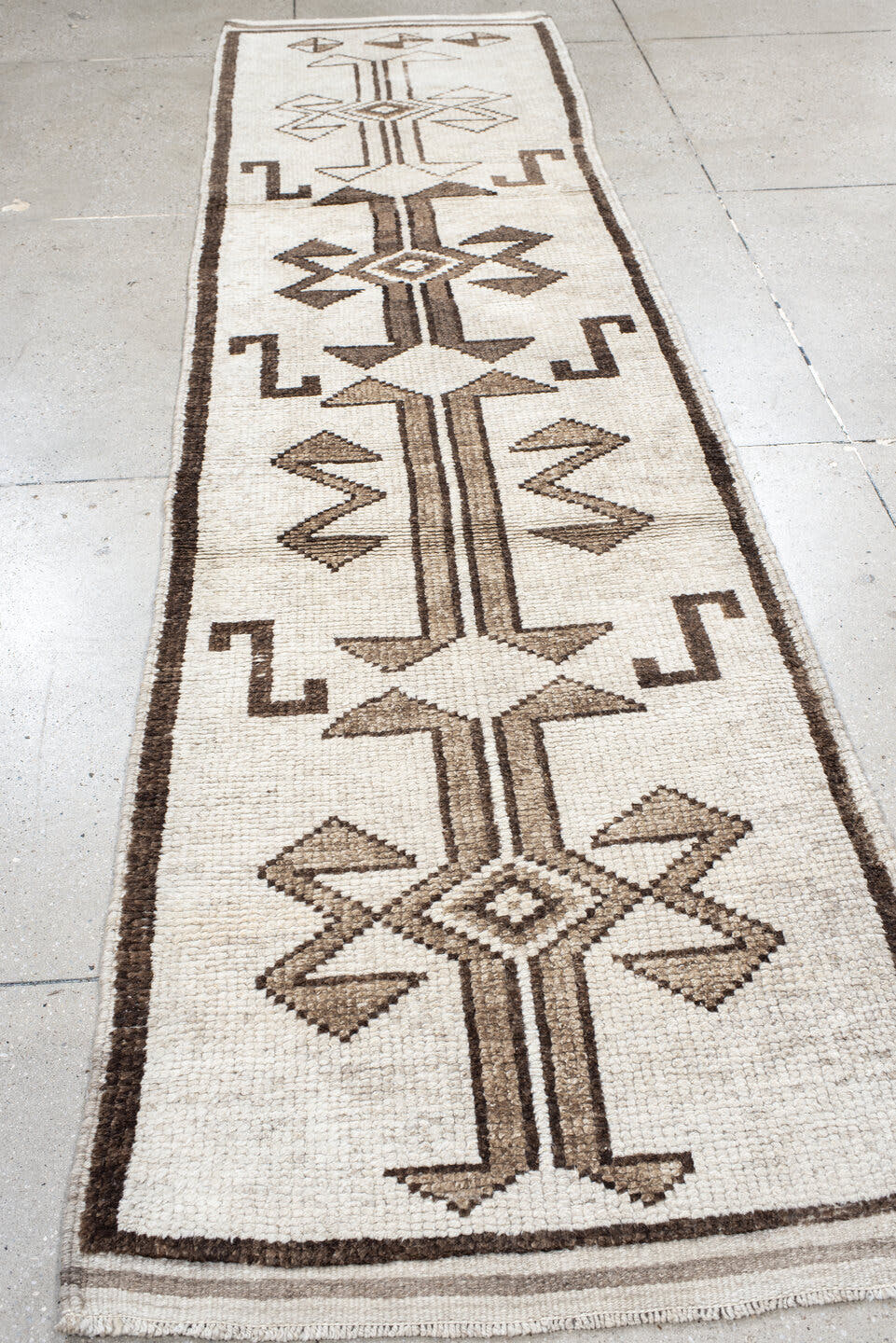 3' x 11' one-of-a-kind handmade vintage Kars runner rug. Color palette: ivory, brown, taupe, beige, gray