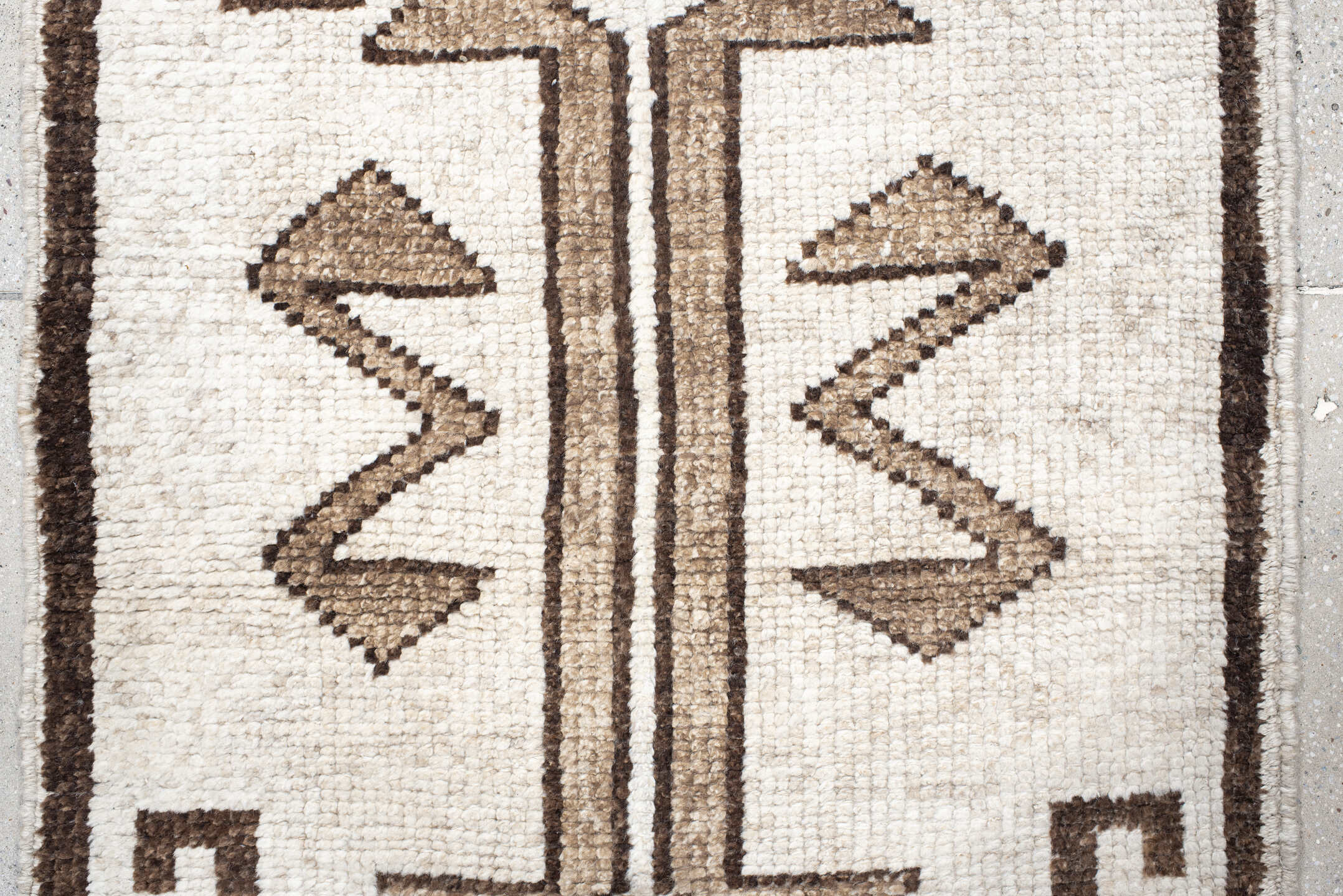 3' x 11' one-of-a-kind handmade vintage Kars runner rug. Color palette: brown, gray, light gray, linen, off-white, pink