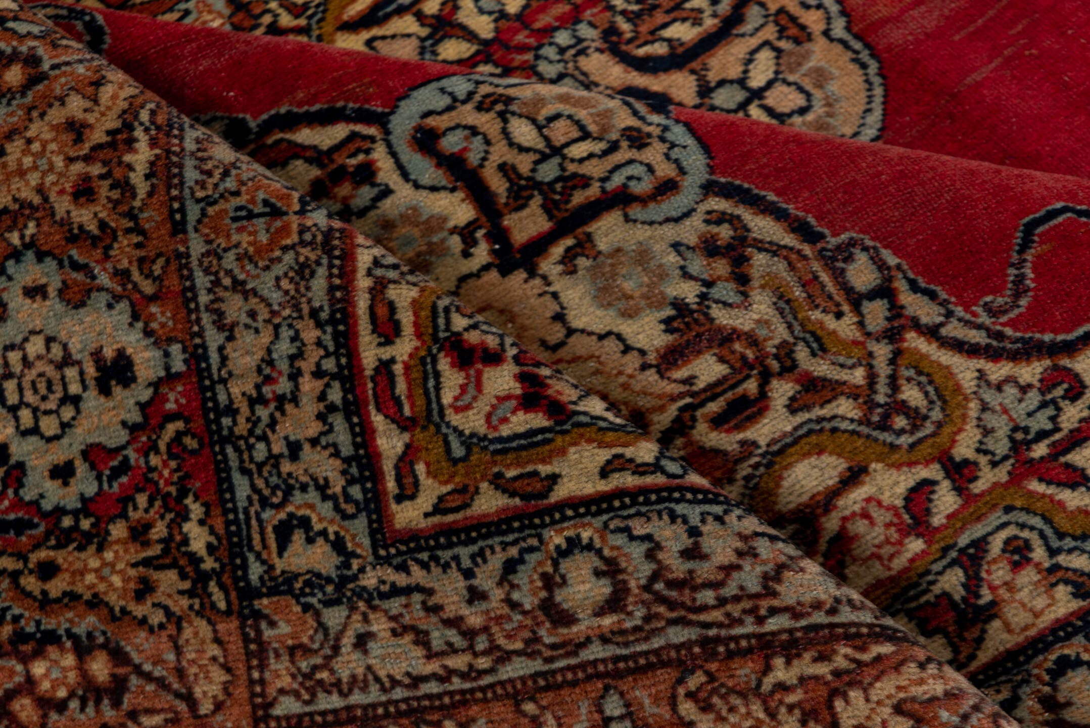 4' x 5' one-of-a-kind handmade antique Tabriz small size rug. Color palette: crimson, ivory, camel, navy, rust, taupe, slate