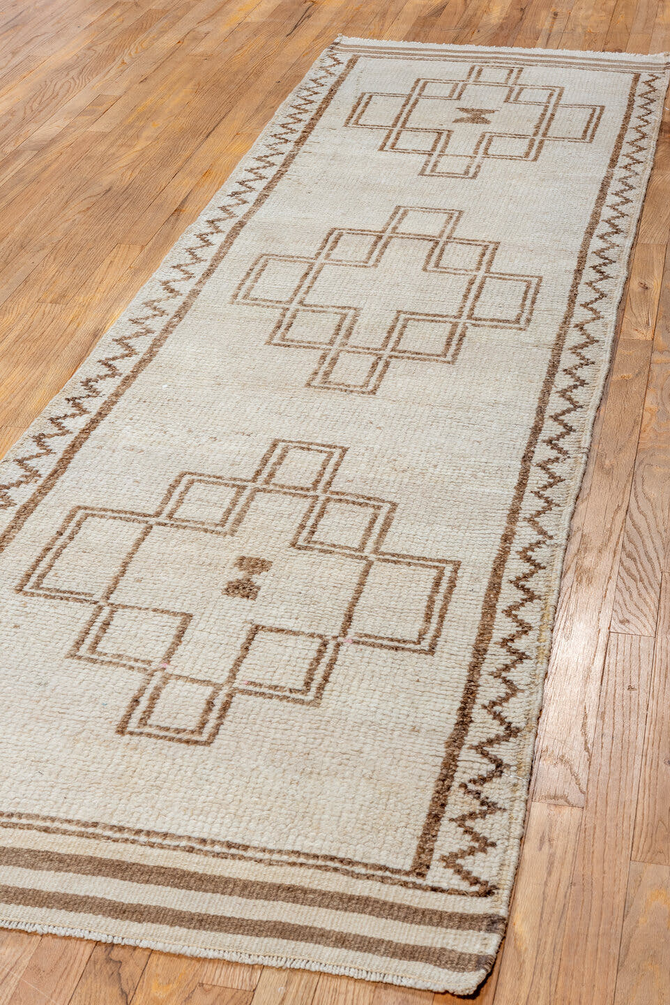 2' x 10' one-of-a-kind handmade vintage Kars runner rug. Color palette: ivory, taupe, brown, beige, gray
