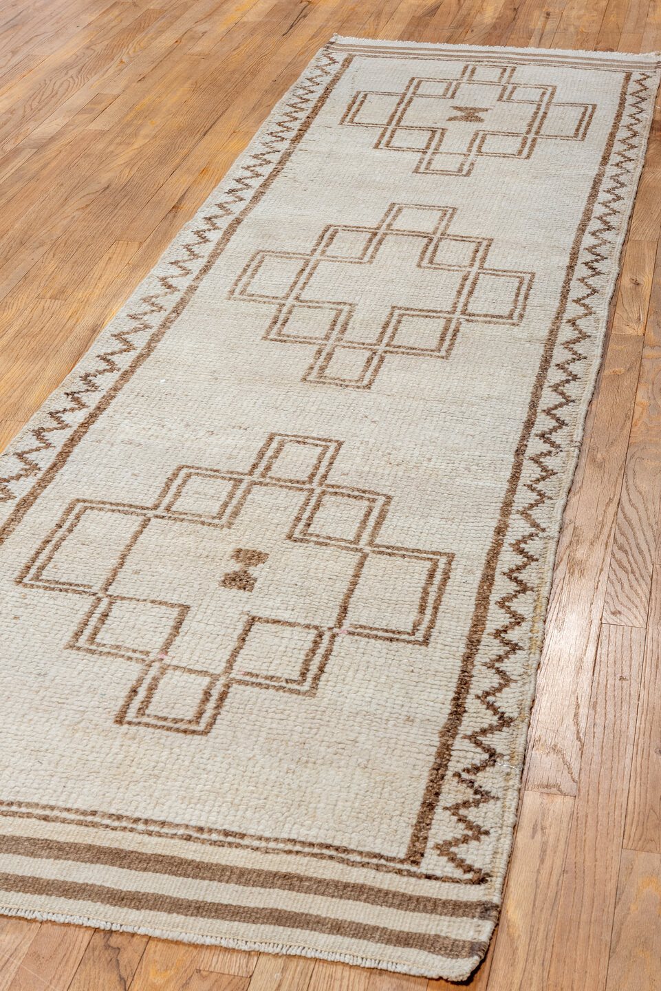 2' x 10' one-of-a-kind handmade vintage Kars runner rug. Color palette: ivory, taupe, brown, beige, gray