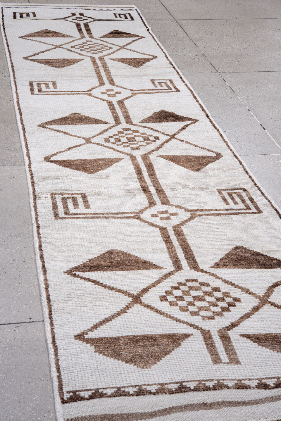 3' x 11' one-of-a-kind handmade vintage Kars runner rug. Color palette: brown, dark gray, gainsboro, gray, light gray