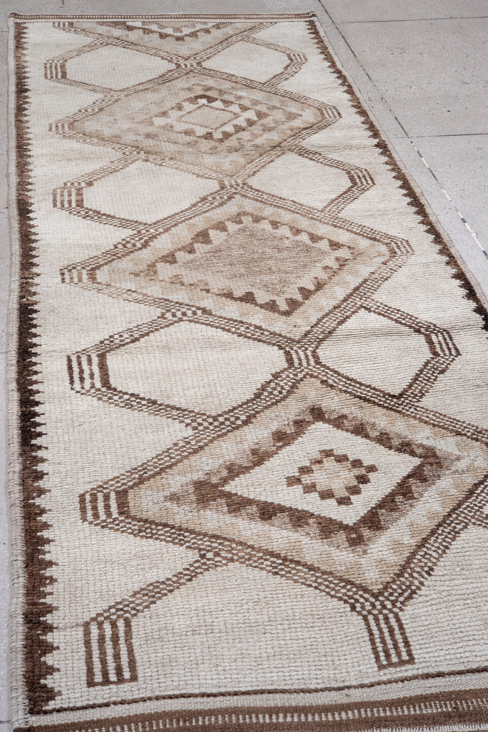 3' x 10' one-of-a-kind handmade vintage Kars runner rug. Color palette: brown, gainsboro, gray, light gray, off-white, pink