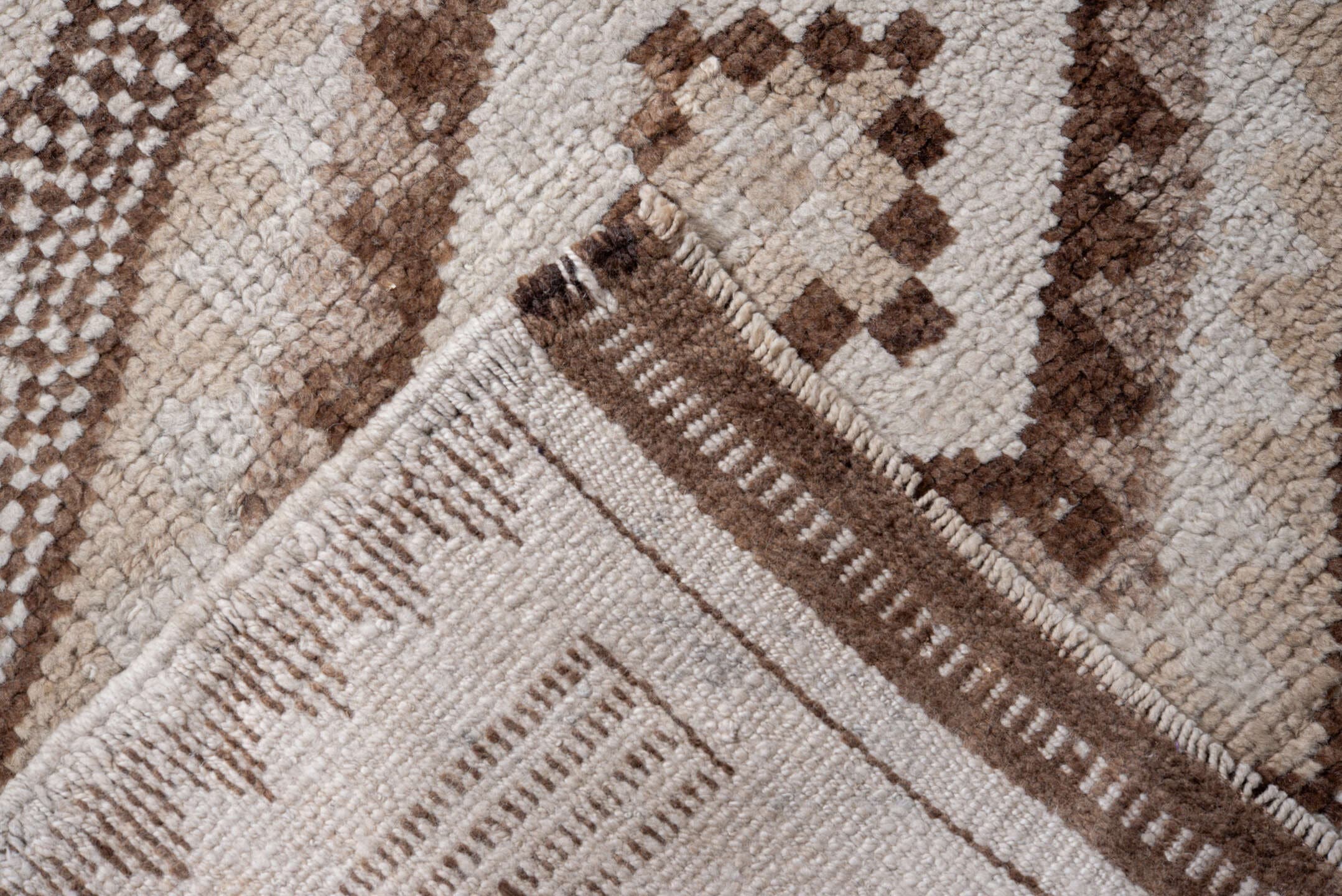 3' x 10' one-of-a-kind handmade vintage Kars runner rug. Color palette: ivory, taupe, brown, camel, beige, gray