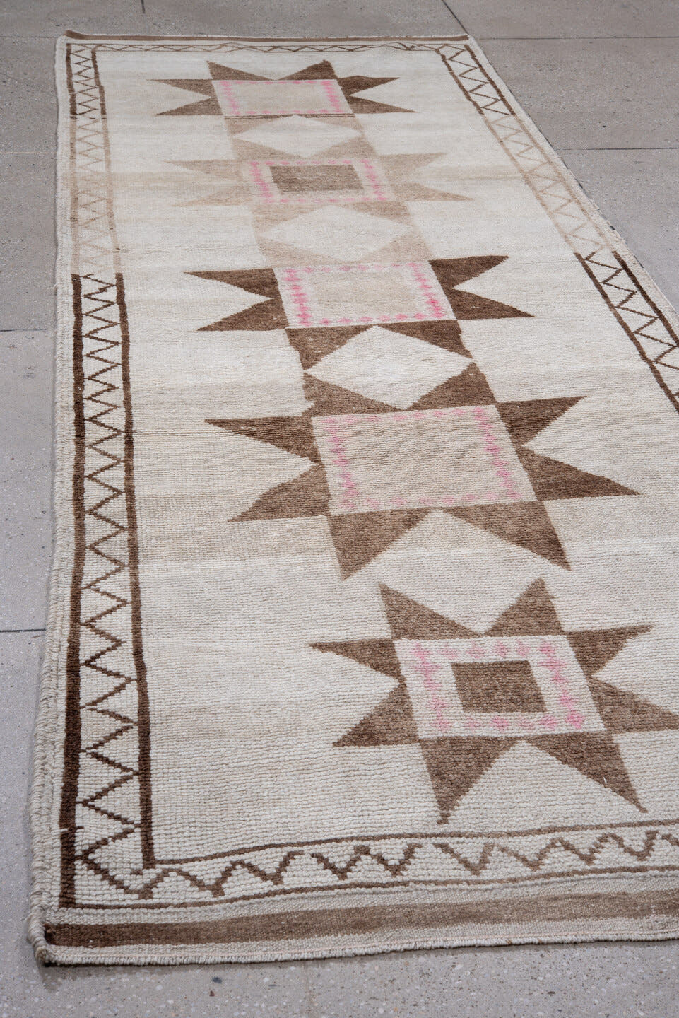 3' x 11' one-of-a-kind handmade vintage Kars runner rug. Color palette: ivory, taupe, brown, blush, beige, gray, pink