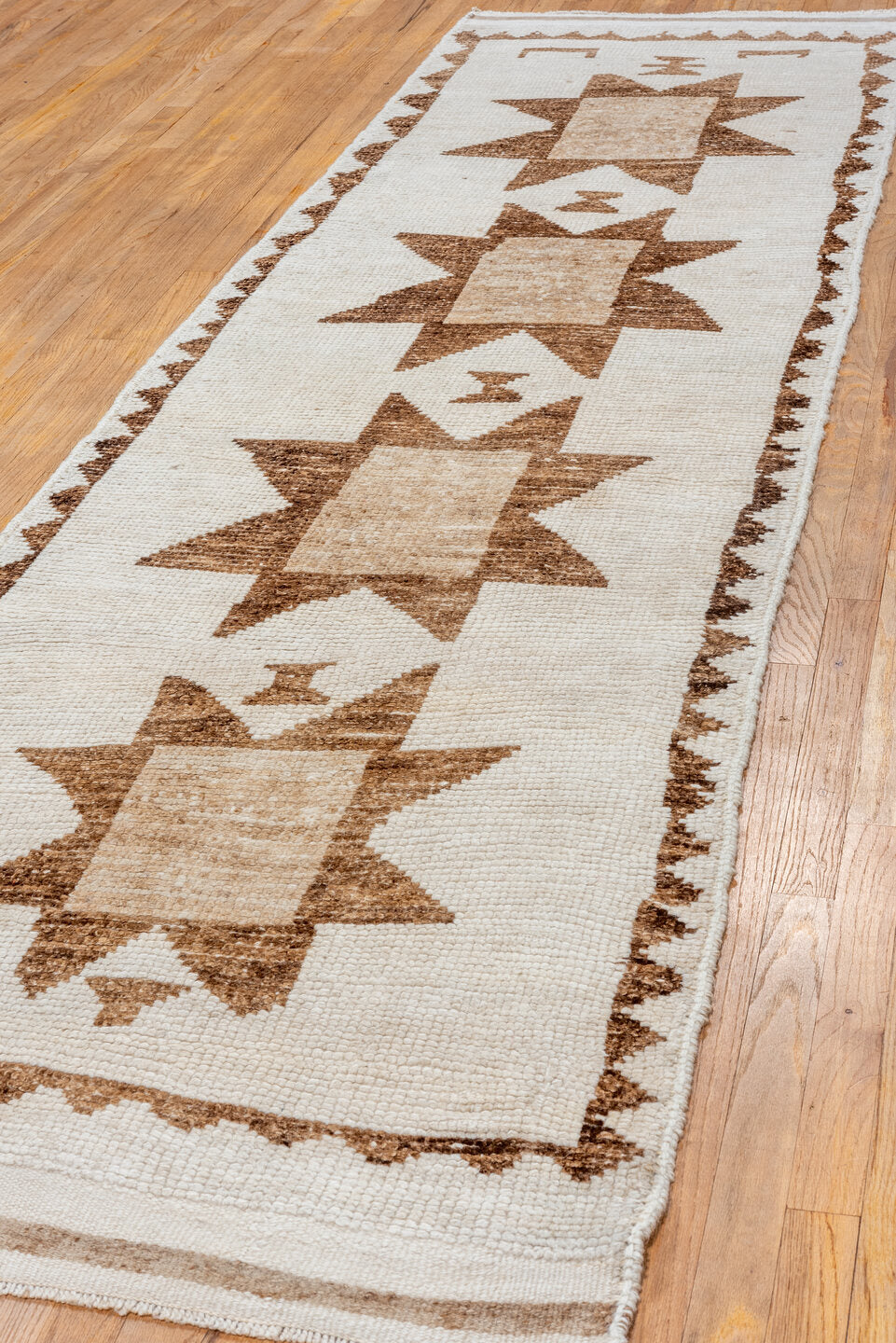 3' x 11' one-of-a-kind handmade vintage Kars runner rug. Color palette: brown, gray, light gray, linen, off-white, old lace