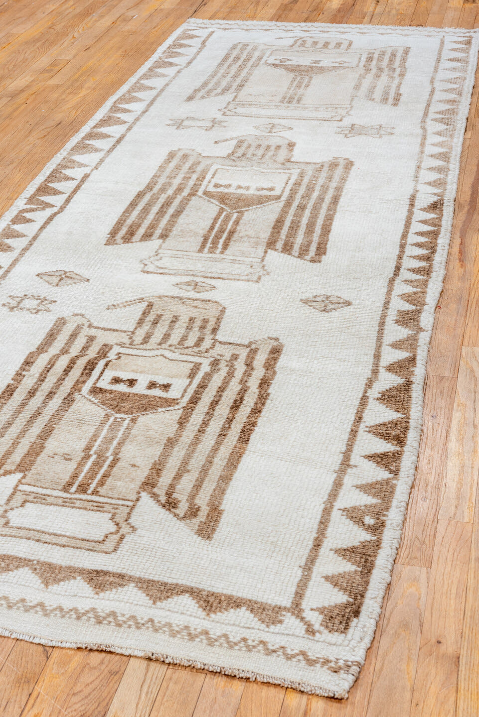 3' x 10' one-of-a-kind handmade vintage Kars runner rug. Color palette: ivory, taupe, brown, camel, beige, gray
