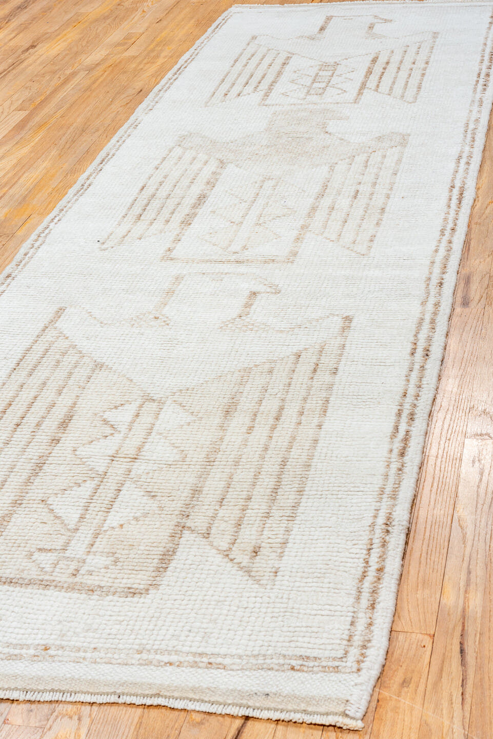3' x 10' one-of-a-kind handmade vintage Kars runner rug. Color palette: ivory, taupe, beige, camel, gray