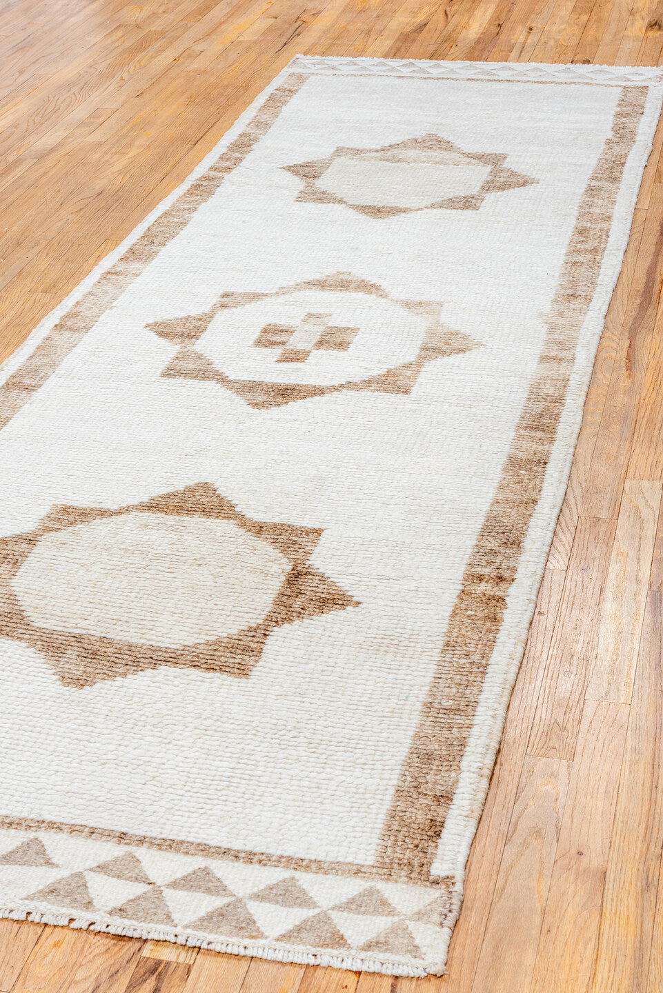 3' x 10' one-of-a-kind handmade vintage Kars runner rug. Color palette: brown, gainsboro, gray, light gray, linen, off-white
