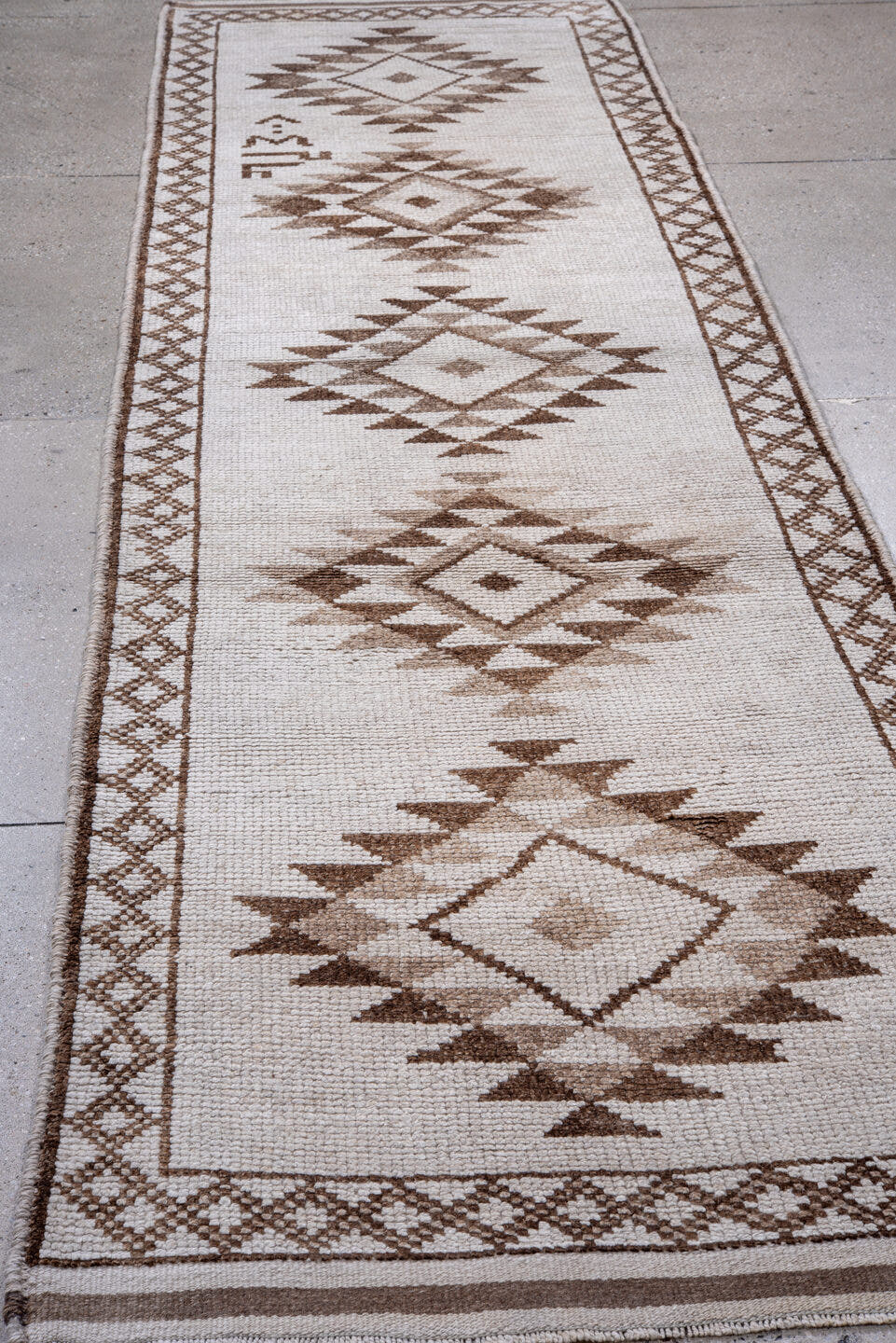 3' x 12' one-of-a-kind handmade vintage Kars runner rug. Color palette: ivory, taupe, brown, beige, gray