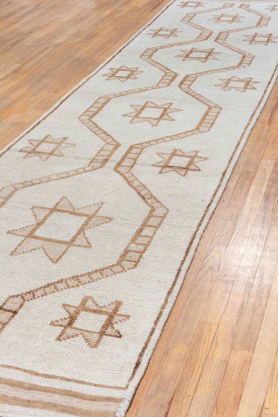 3' x 14' one-of-a-kind handmade antique Kars runner rug. Color palette: ivory, camel, taupe, beige, gray