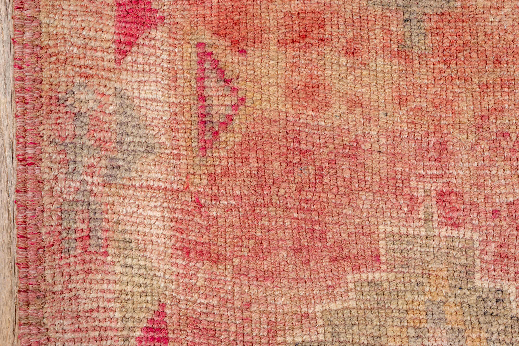 3' x 10' one-of-a-kind handmade vintage Kars runner rug. Color palette: brown, off-white, orange, pink, red, snow, white