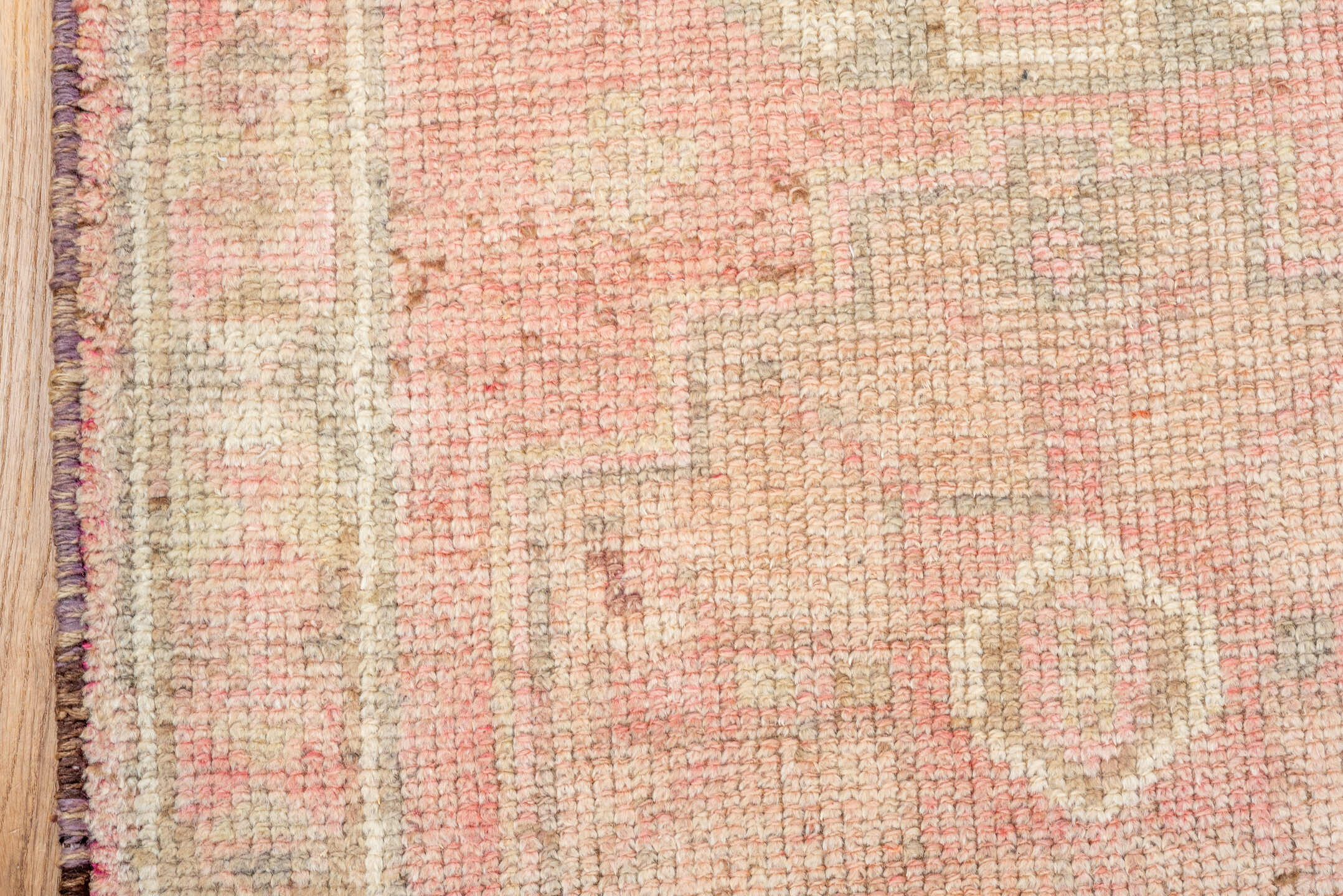 3' x 10' one-of-a-kind handmade vintage Kars runner rug. Color palette: brown, off-white, orange, pink, red, snow, white