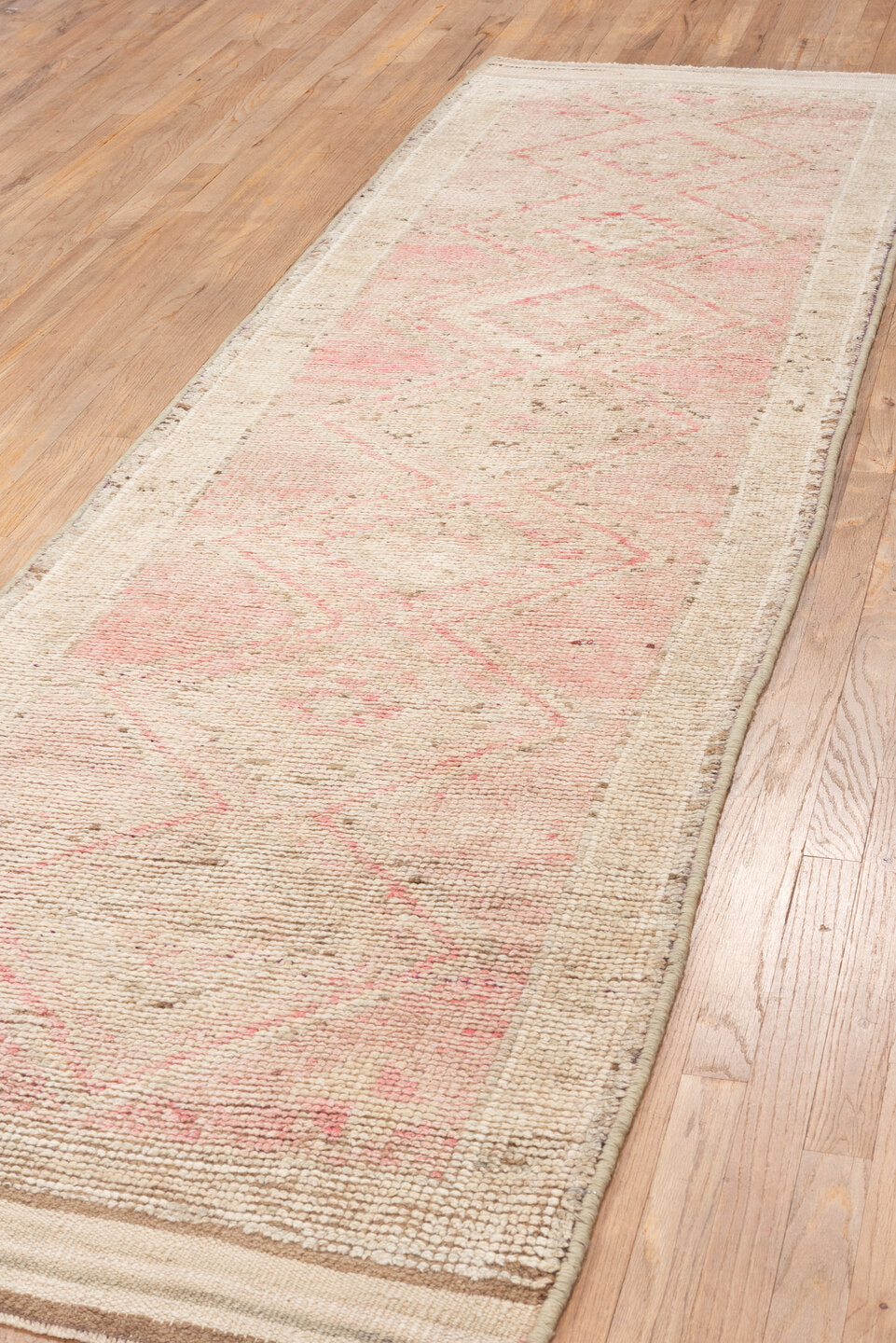 3' x 10' one-of-a-kind handmade vintage Kars runner rug. Color palette: antiquewhite, brown, linen, misty rose, off-white