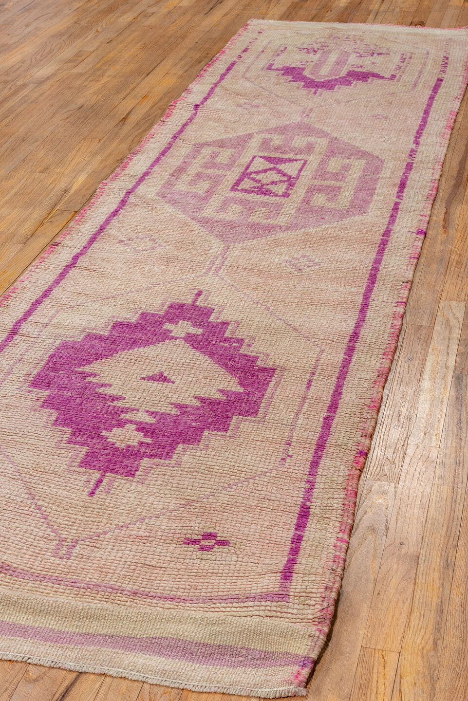 2' x 11' one-of-a-kind handmade antique Kars runner rug. Color palette: blush, ivory, lavender, rose, taupe, pink