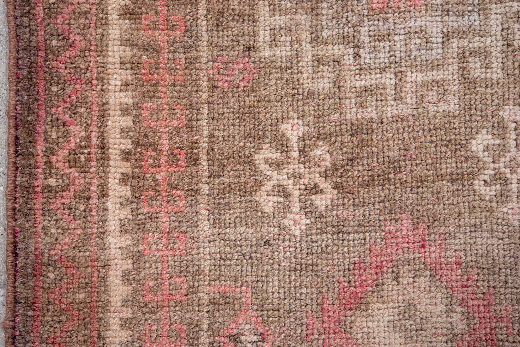 3' x 9' one-of-a-kind handmade vintage Kars runner rug. Color palette: rose, taupe, ivory, dusty pink, soft brown, charcoal