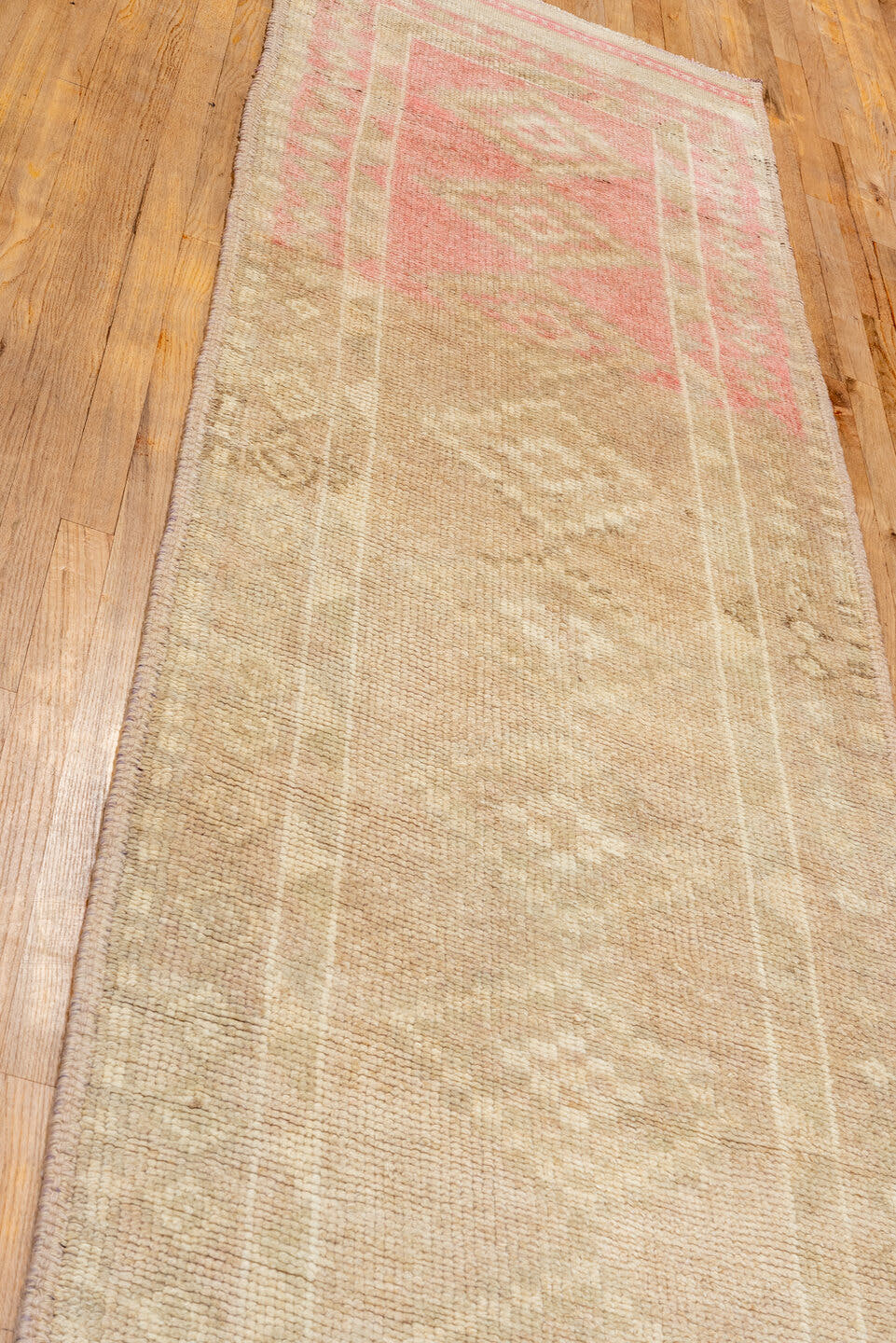 2' x 12' one-of-a-kind handmade antique Kars runner rug. Color palette: beige, blush, ivory, taupe, sand, pink, gray