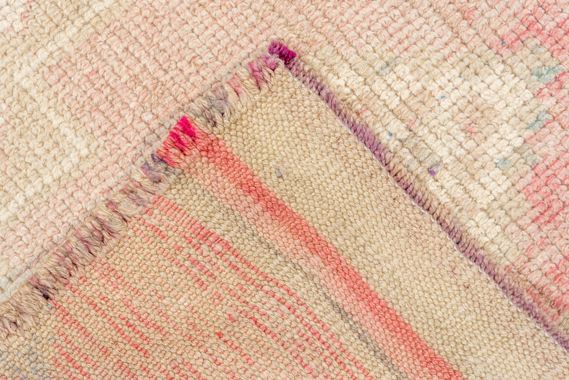 3' x 10' one-of-a-kind handmade vintage Kars runner rug. Color palette: blush, ivory, taupe, coral, rose, beige, pink, gray