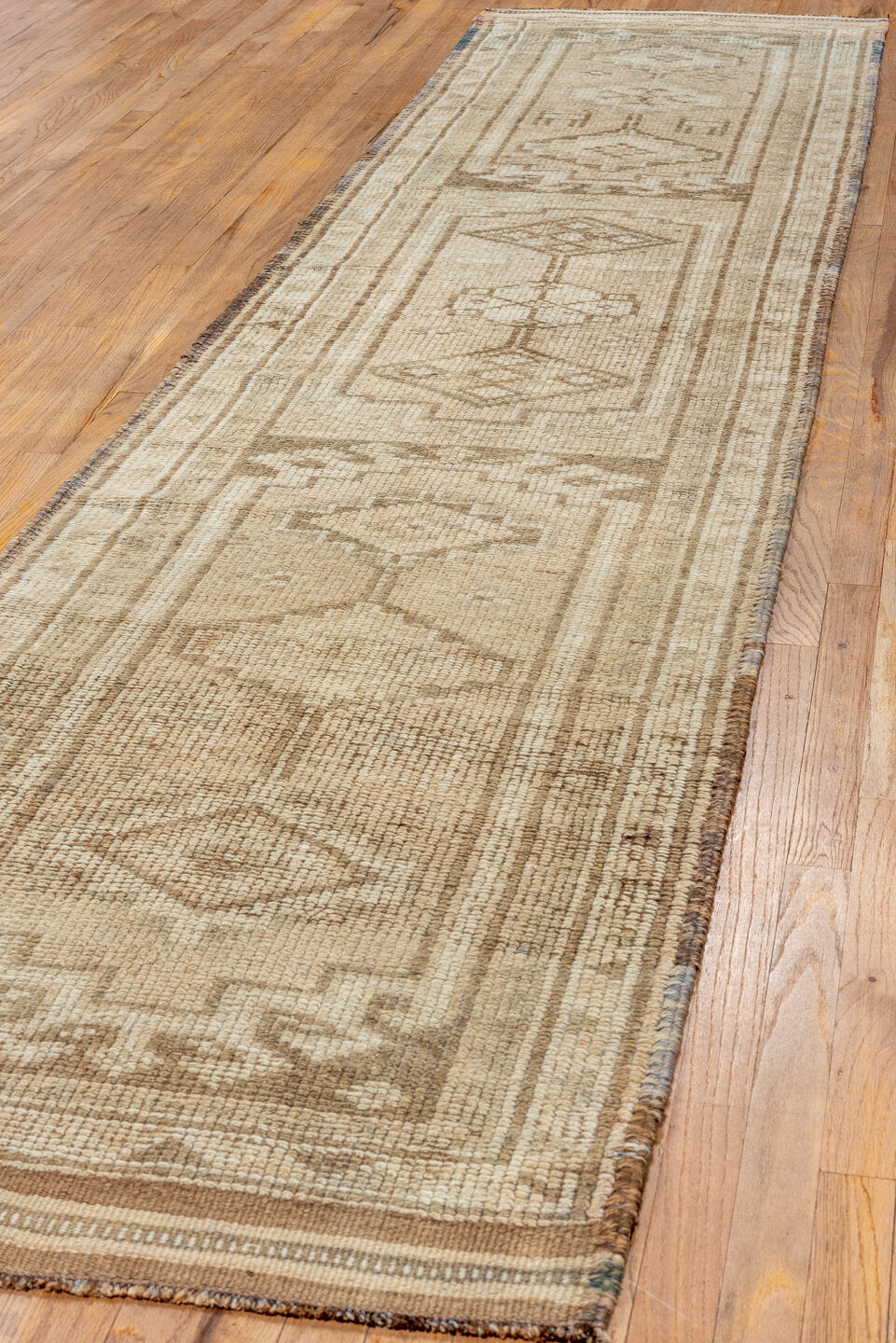 2' x 10' one-of-a-kind handmade vintage Kars runner rug. Color palette: antiquewhite, blanched almond, brown, dim gray, gray