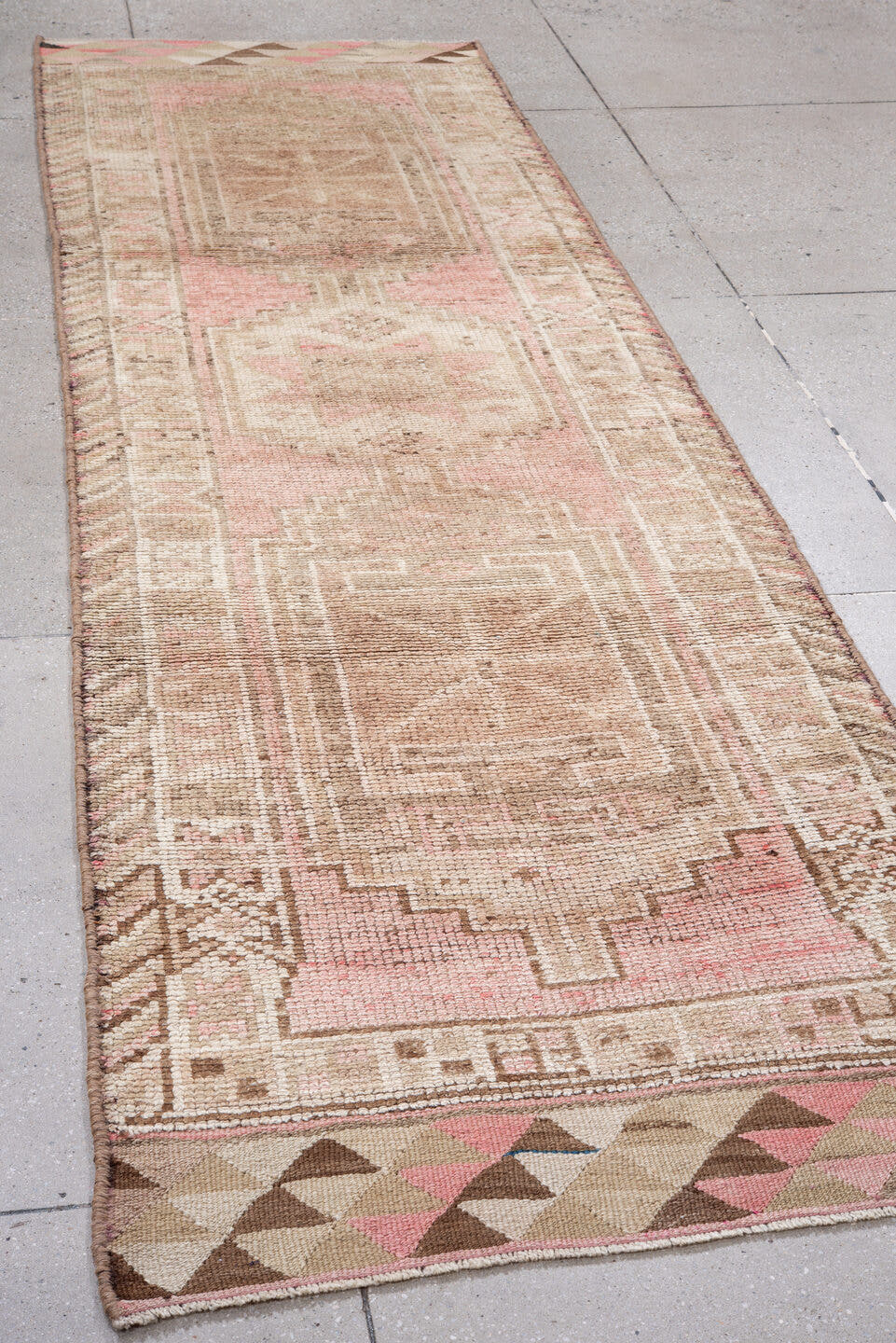3' x 11' one-of-a-kind handmade antique Kars runner rug. Color palette: blush, ivory, taupe, beige, brown, rose, pink, gray