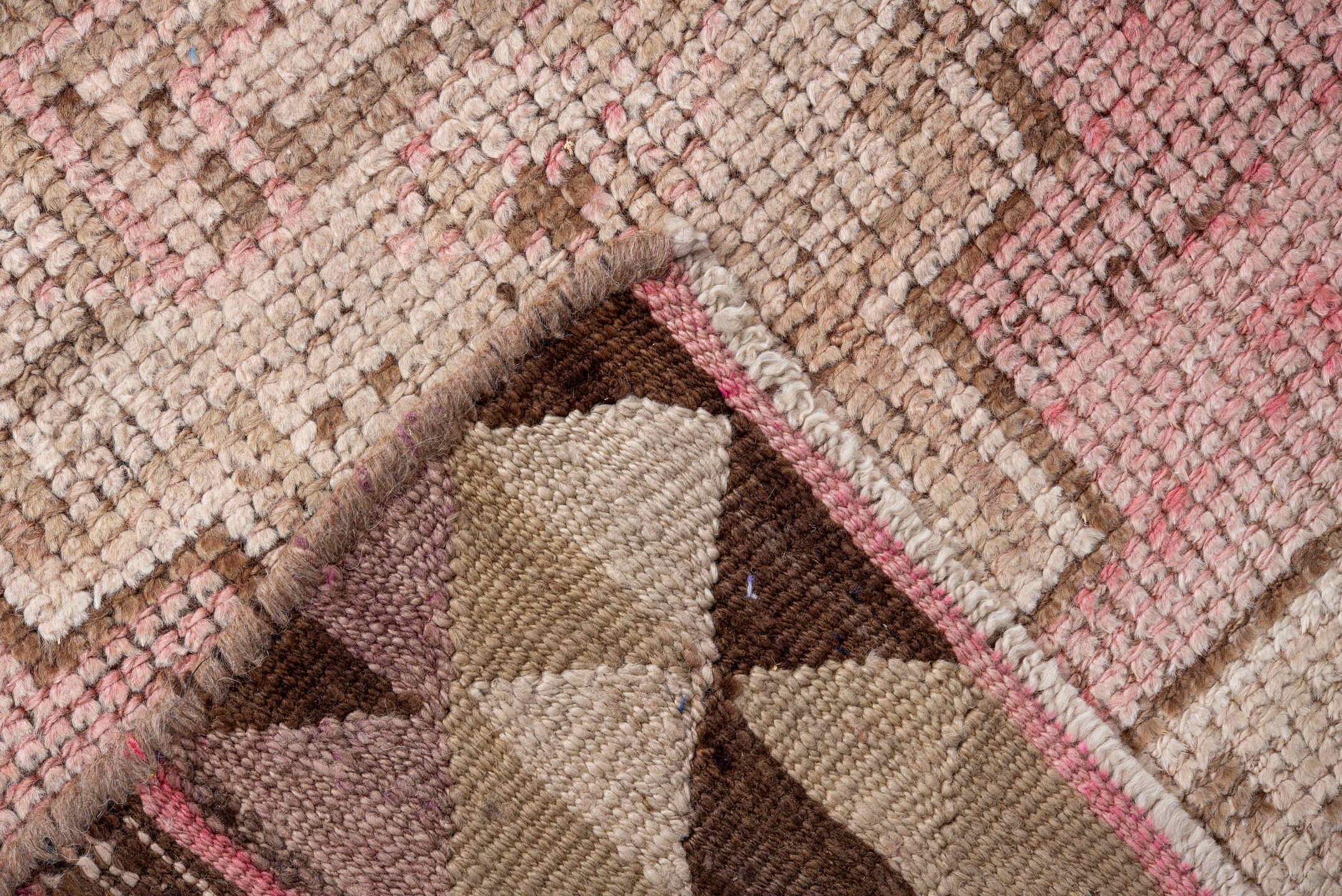 3' x 11' one-of-a-kind handmade vintage Kars runner rug. Color palette: brown, gray, light gray, off-white, pink, red, snow