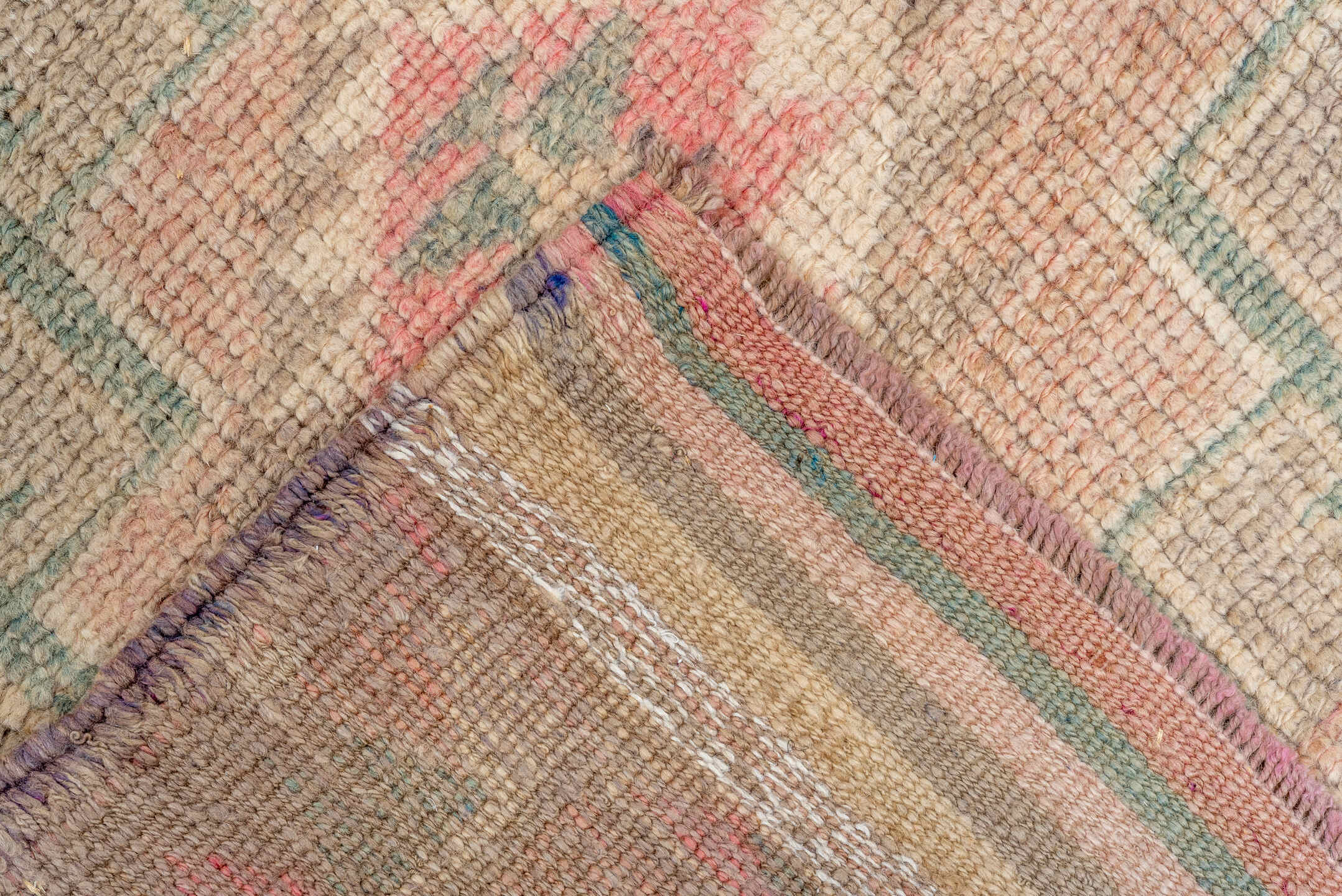 2' x 10' one-of-a-kind handmade antique Kars runner rug. Color palette: blush, ivory, sage, taupe, rose, camel, brown, pink