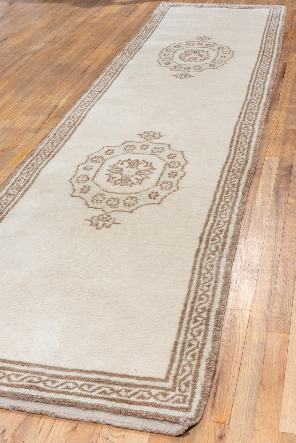 3' x 13' one-of-a-kind handmade vintage Moroccan runner rug. Color palette: ivory, camel, taupe, cream, beige, gray