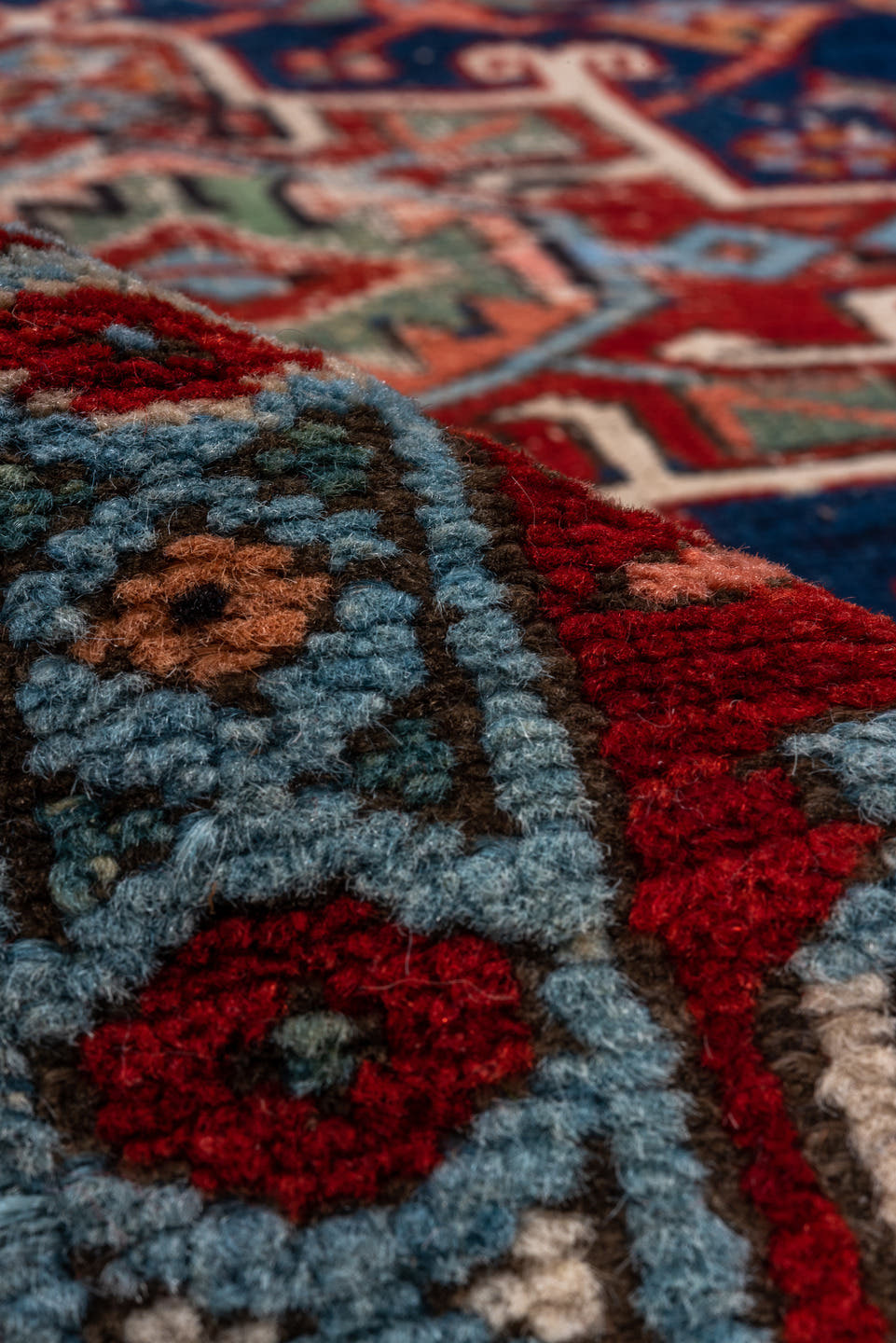 3' x 8' one-of-a-kind handmade antique Karaje runner rug. Color palette: navy, rust, sky blue, ivory, terracotta, sage
