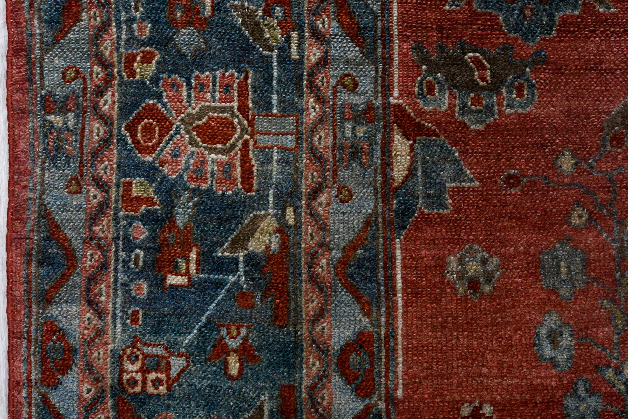7' x 16' one-of-a-kind handmade antique Lilian rug. Color palette: rust, blue, ivory, slate, burgundy, camel, terracotta