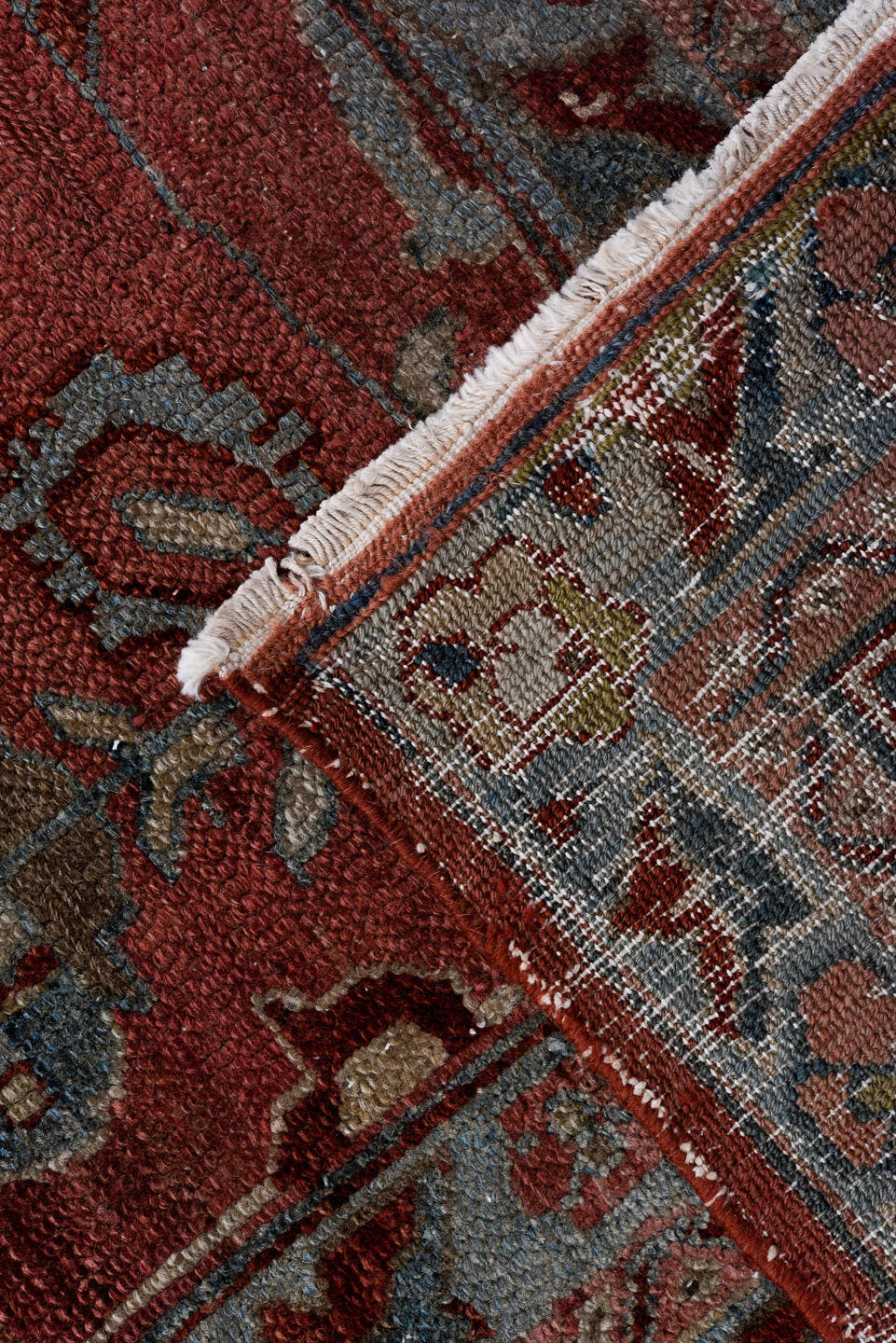 7' x 16' one-of-a-kind handmade antique Lilian rug. Color palette: rust, blue, ivory, slate, burgundy, camel, terracotta