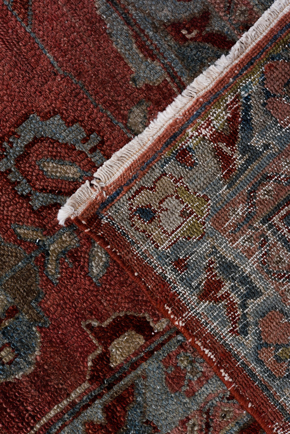 7' x 16' one-of-a-kind handmade antique Lilian rug. Color palette: rust, blue, ivory, slate, burgundy, camel, terracotta