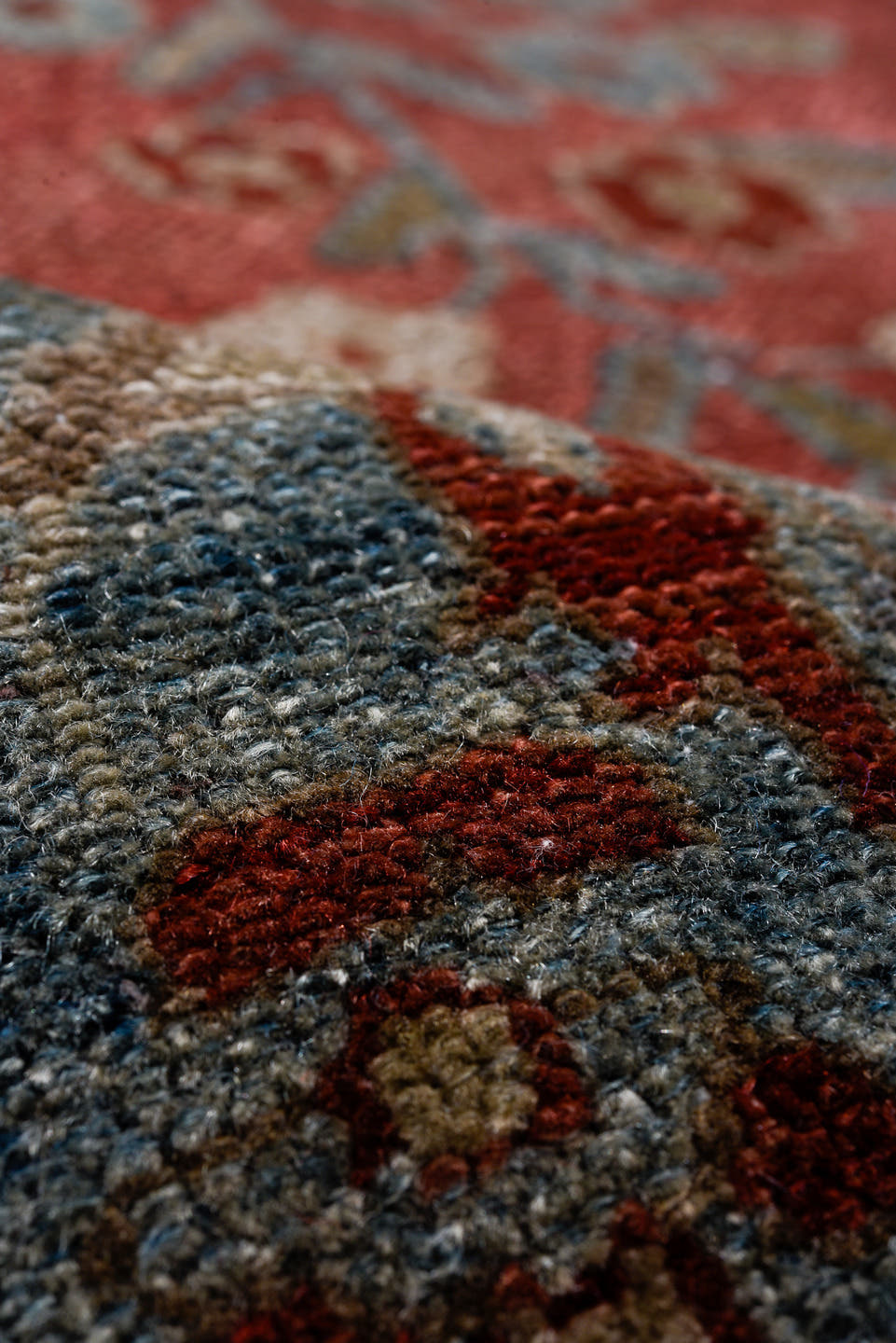 7' x 16' one-of-a-kind handmade antique Lilian rug. Color palette: rust, blue, ivory, slate, burgundy, camel, terracotta