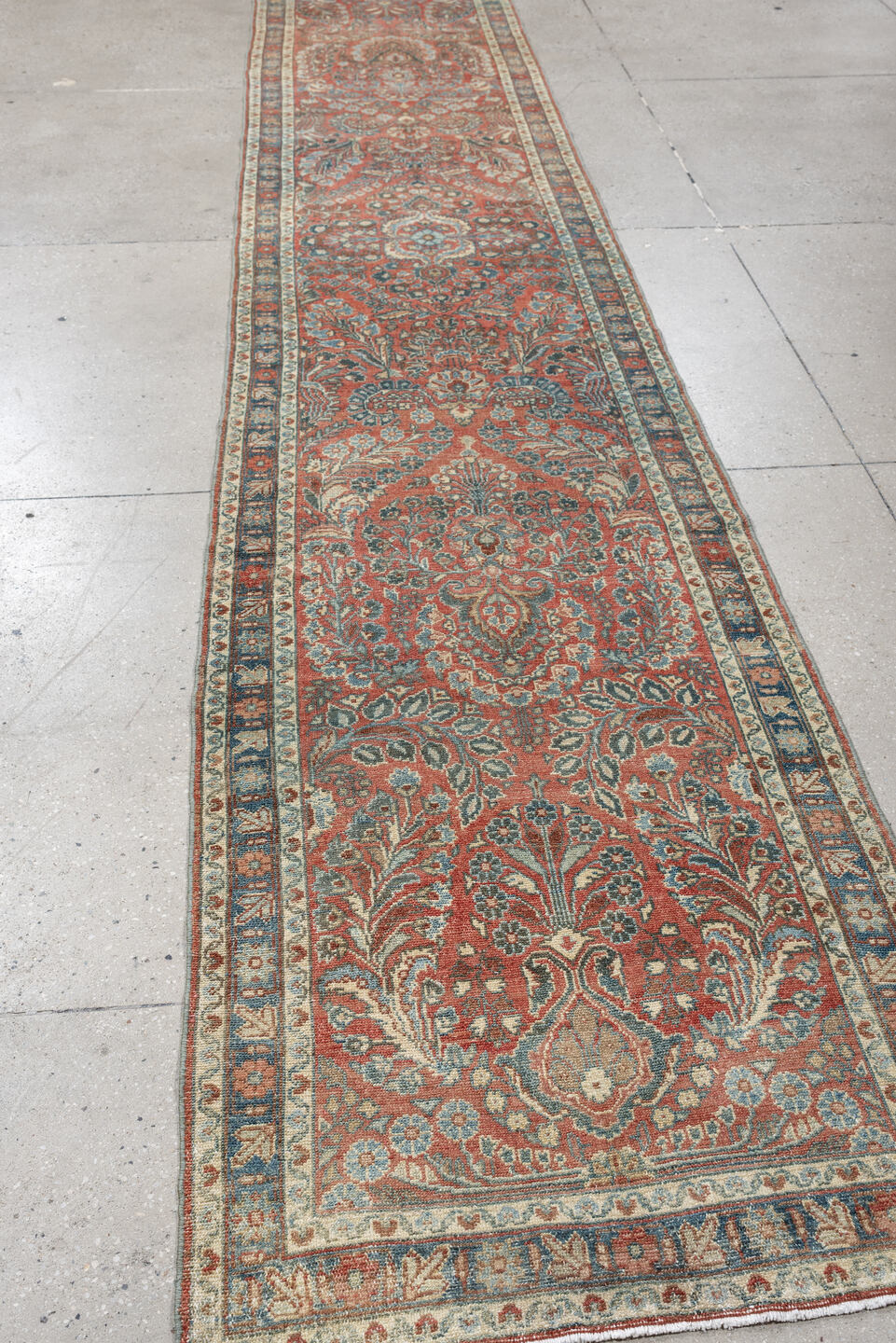 2' x 24' one-of-a-kind handmade vintage Dargazin runner rug. Color palette: terracotta, ivory, slate, dusty blue, camel