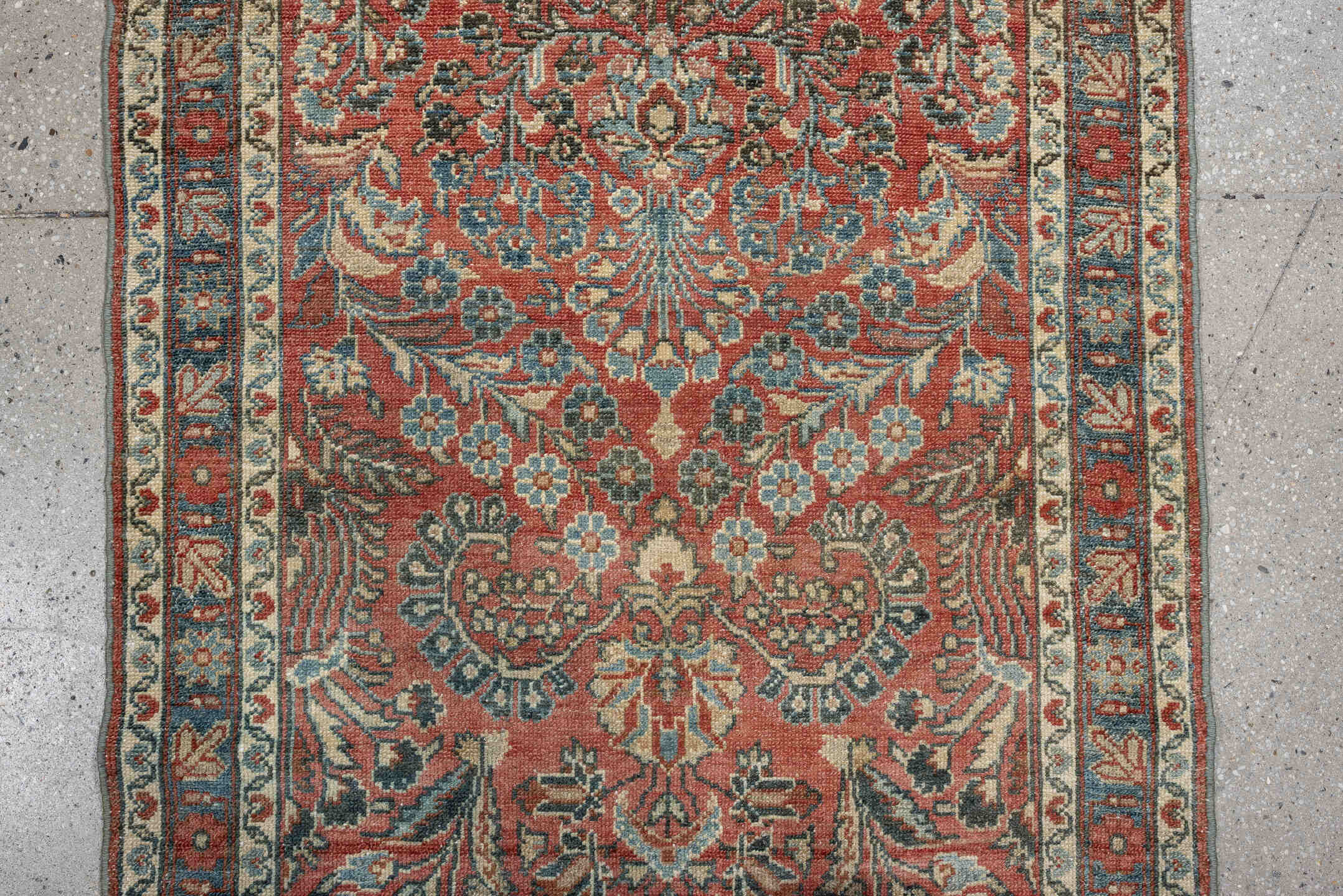 2' x 24' one-of-a-kind handmade vintage Dargazin runner rug. Color palette: terracotta, ivory, slate, dusty blue, camel