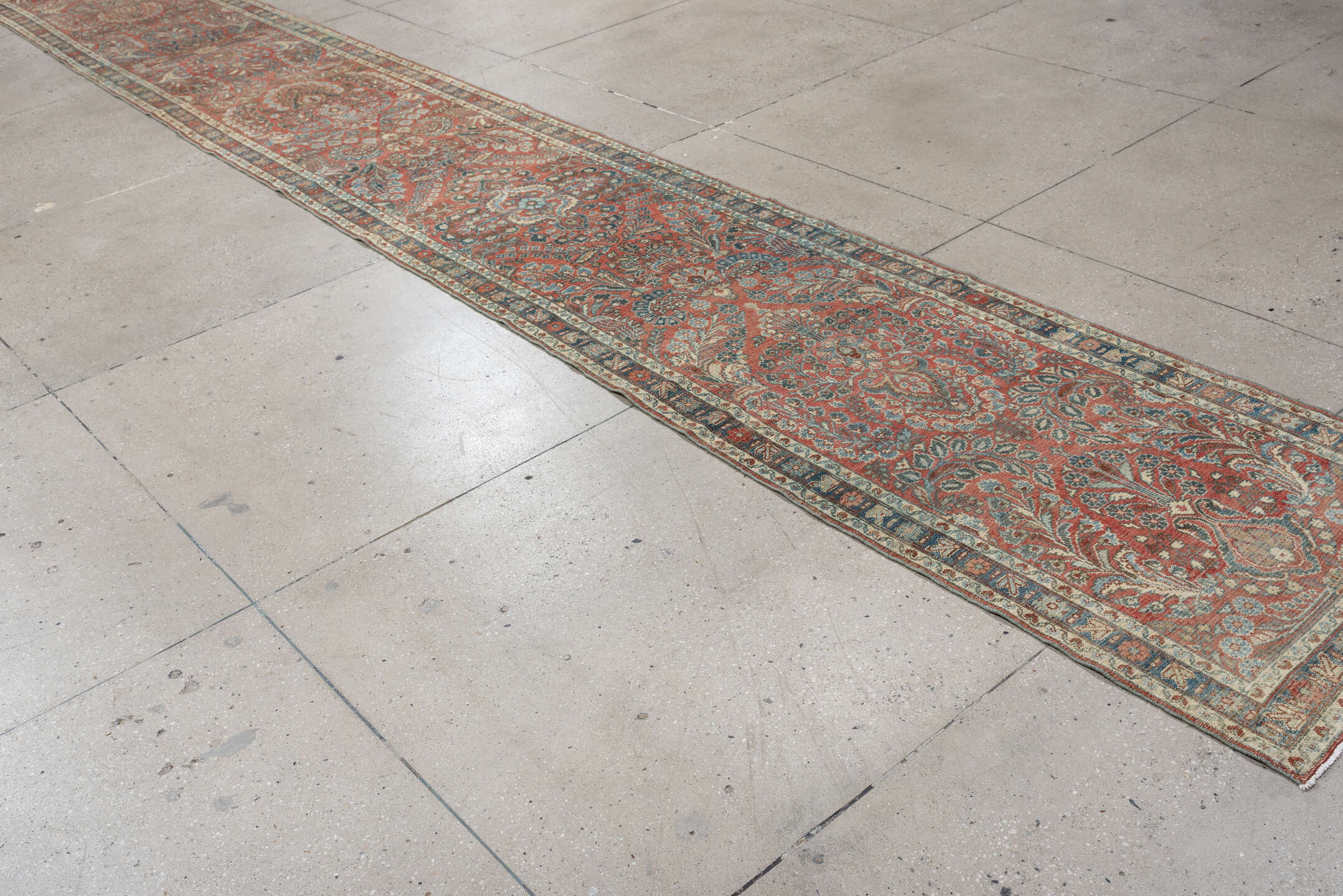 2' x 24' one-of-a-kind handmade vintage Dargazin runner rug. Color palette: terracotta, ivory, slate, dusty blue, camel