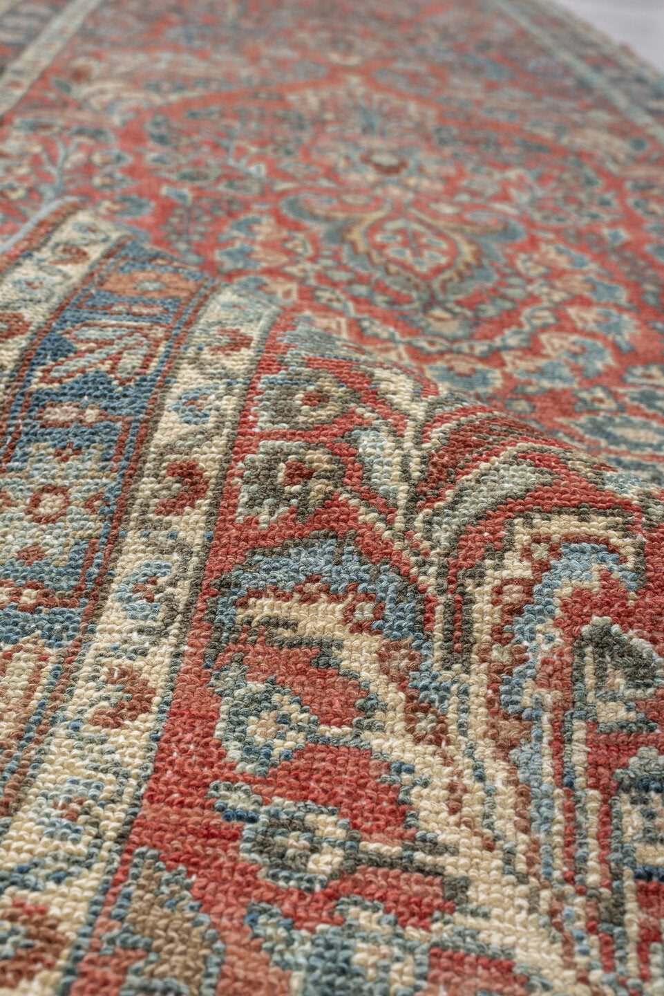 2' x 24' one-of-a-kind handmade vintage Dargazin runner rug. Color palette: terracotta, ivory, slate, dusty blue, camel