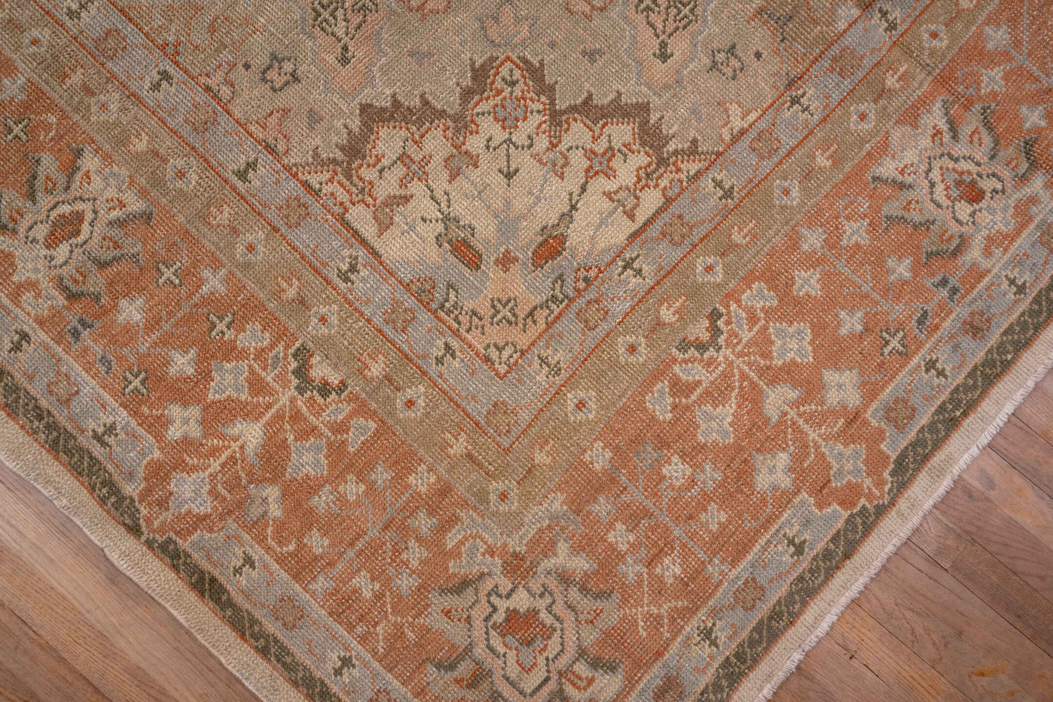 13' x 20' one-of-a-kind handmade antique Oushak oversize rug. Color palette: ivory, peach, taupe, sage, camel, terracotta