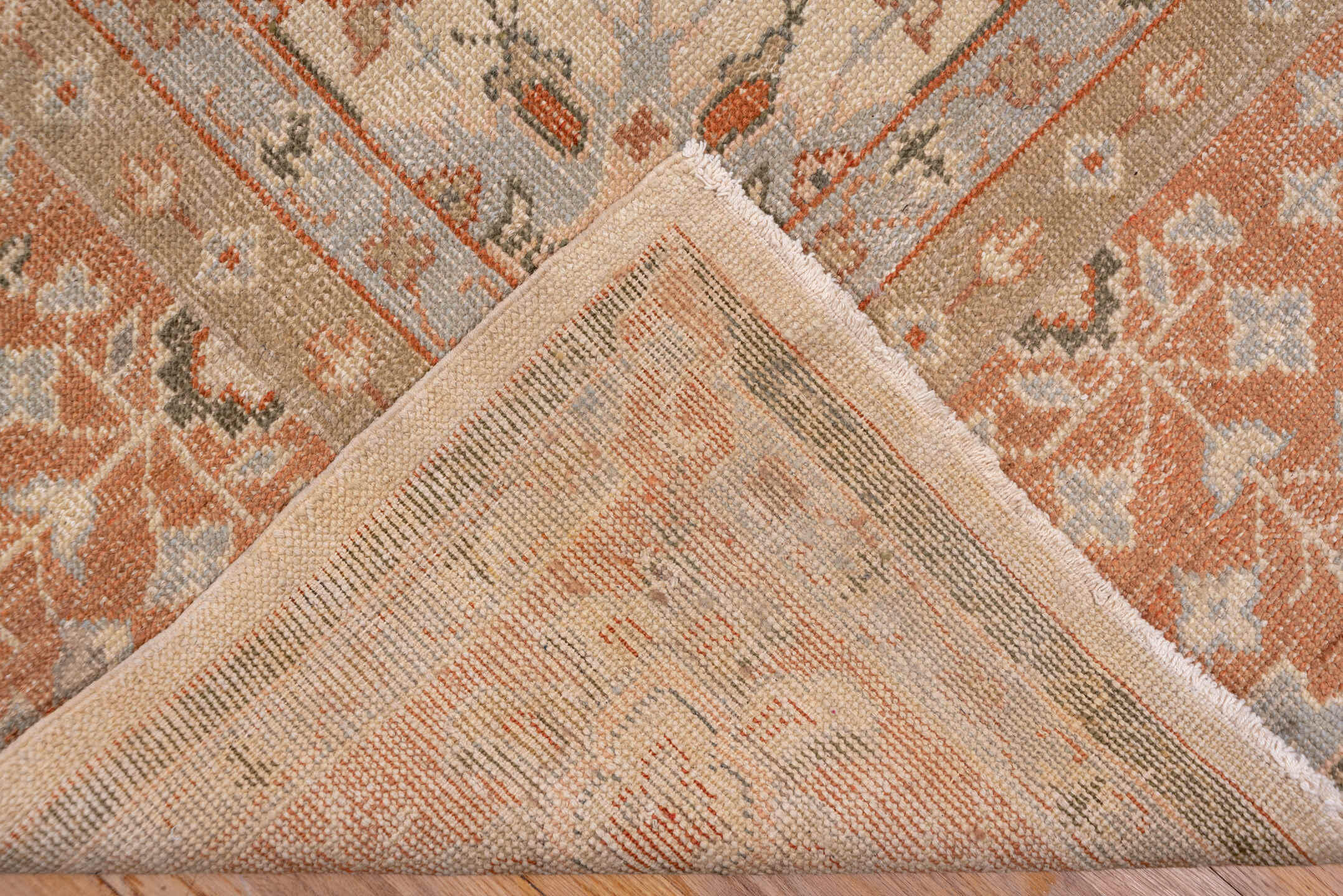 13' x 20' one-of-a-kind handmade antique Oushak oversize rug. Color palette: ivory, peach, taupe, sage, camel, terracotta