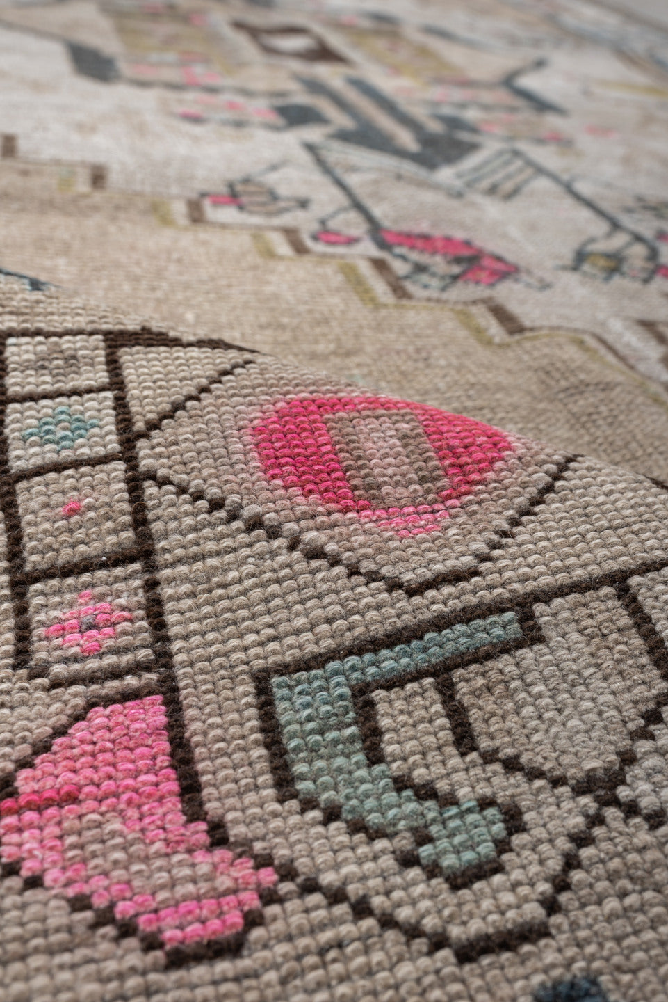 4' x 8' one-of-a-kind handmade vintage Gabbe medium size rug. Color palette: taupe, ivory, charcoal, sky blue, fuchsia