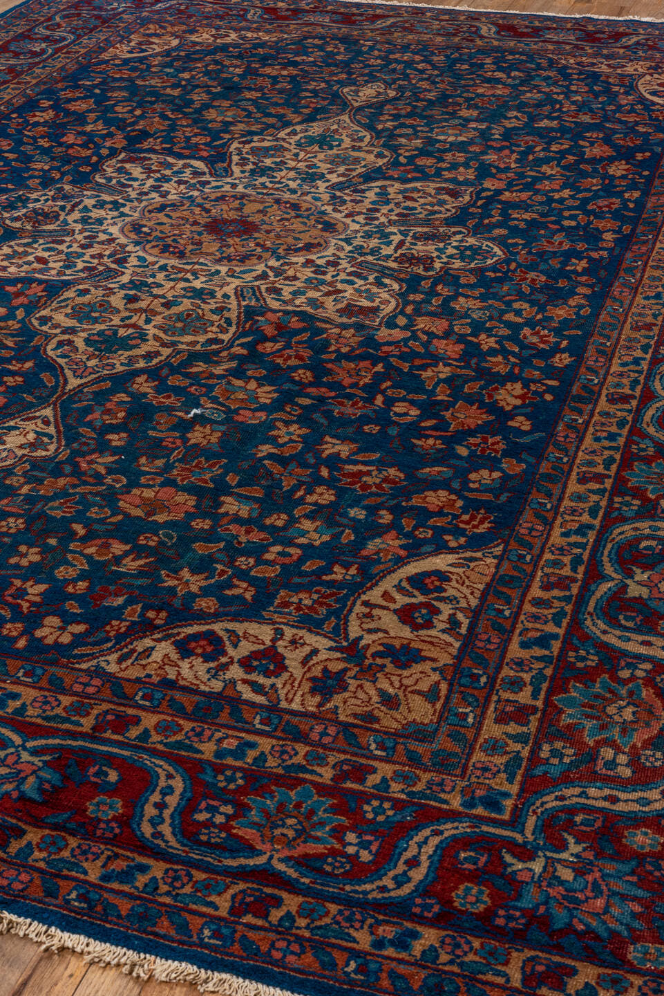 7' x 12' one-of-a-kind handmade antique Sparta large size rug. Color palette: navy, ivory, rust, cobalt, terra cotta, camel