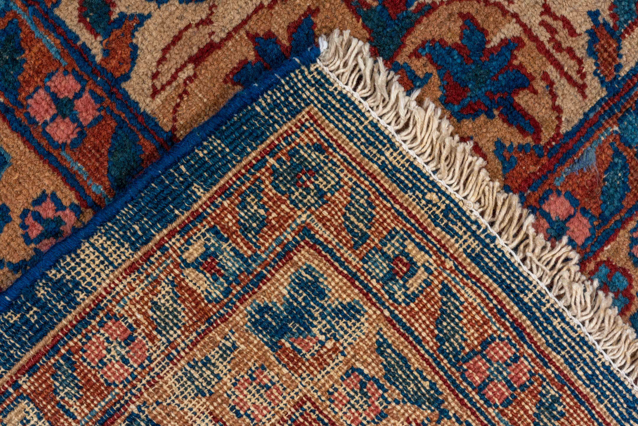 7' x 12' one-of-a-kind handmade antique Sparta large size rug. Color palette: navy, ivory, rust, cobalt, terra cotta, camel