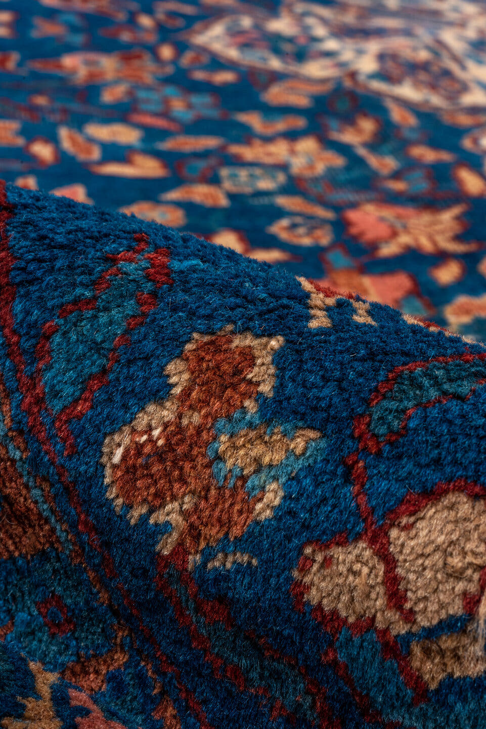 7' x 12' one-of-a-kind handmade antique Sparta large size rug. Color palette: navy, ivory, rust, cobalt, terra cotta, camel