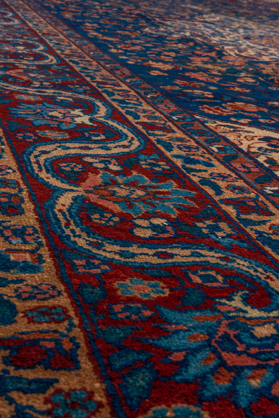 7' x 12' one-of-a-kind handmade antique Sparta large size rug. Color palette: navy, ivory, rust, cobalt, terra cotta, camel