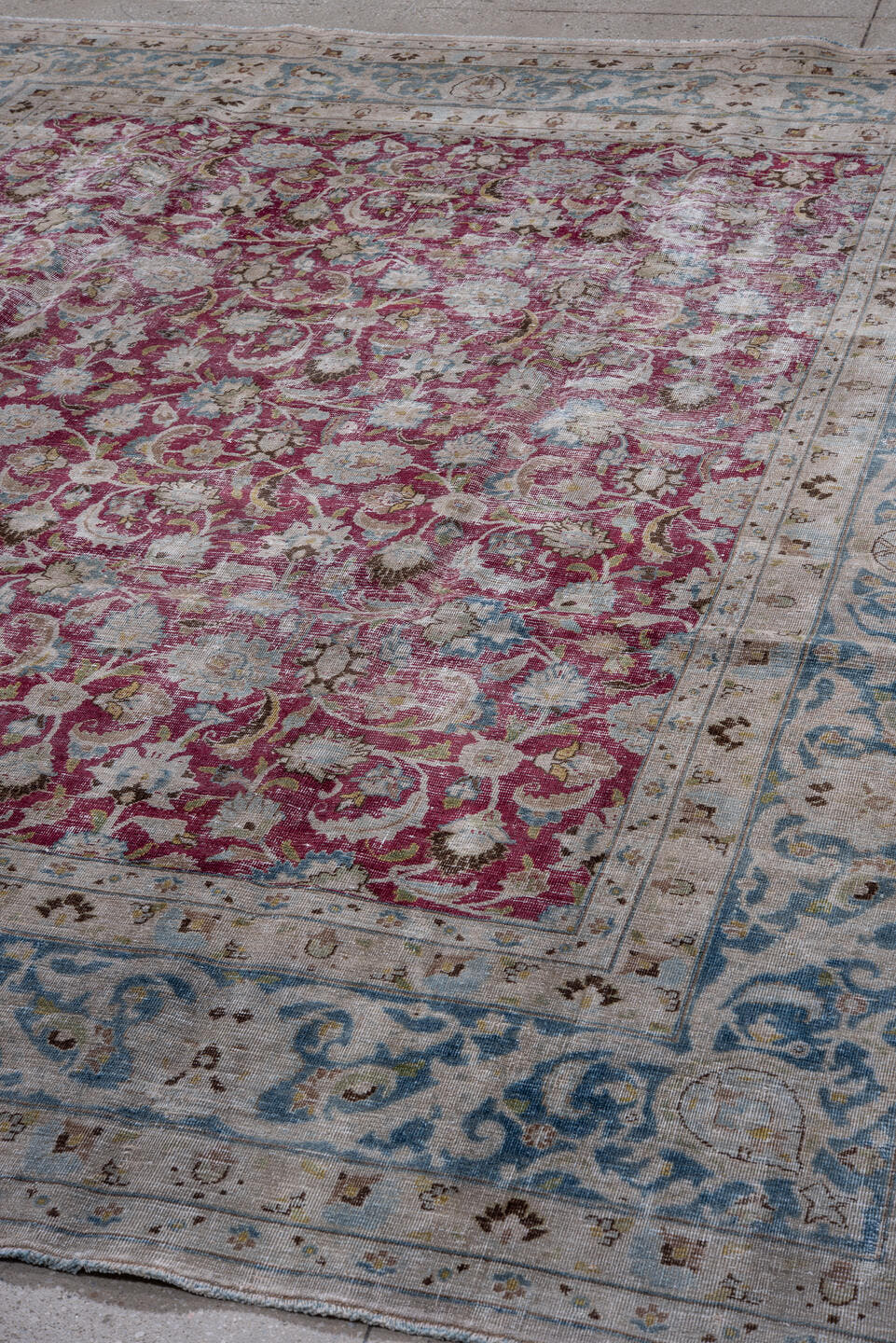 8' x 10' one-of-a-kind handmade antique Meshed large size rug. Color palette: ivory, raspberry, sky blue, taupe, sage, brown
