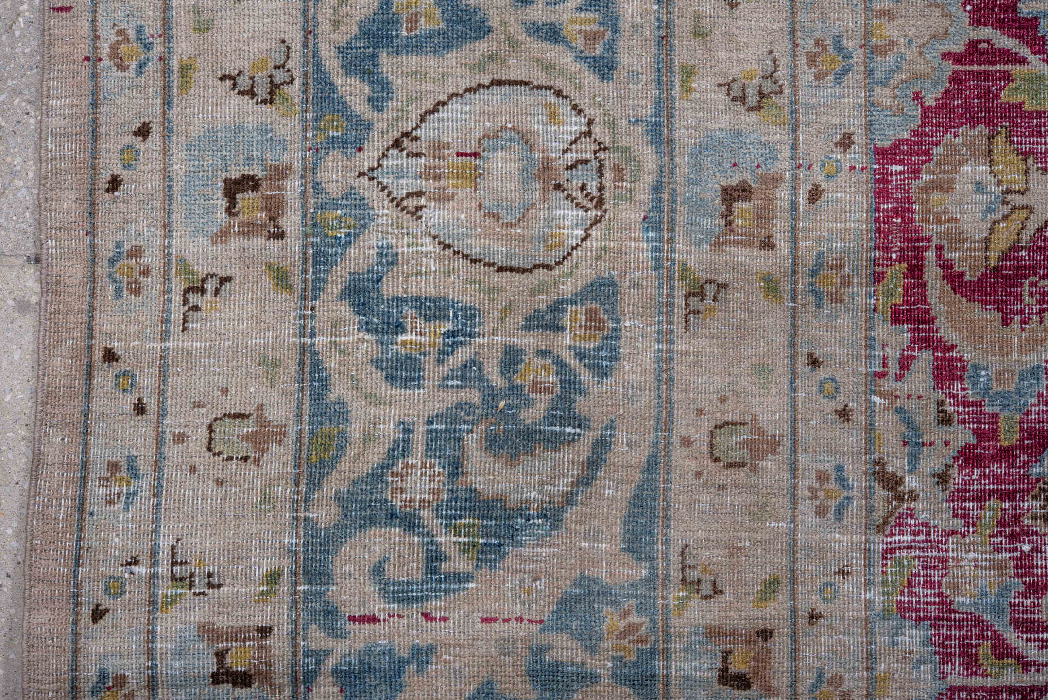 8' x 10' one-of-a-kind handmade antique Meshed large size rug. Color palette: ivory, raspberry, sky blue, taupe, sage, brown