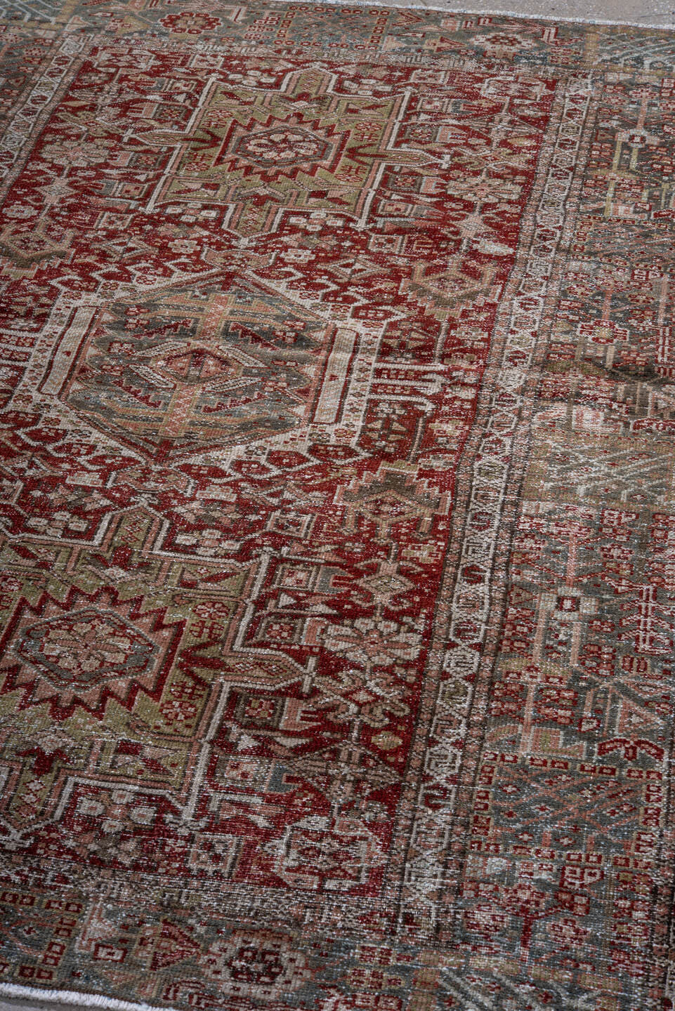 4' x 6' one-of-a-kind handmade antique Karaje small size rug. Color palette: rust, blue_gray, ivory, sage, taupe, burgundy