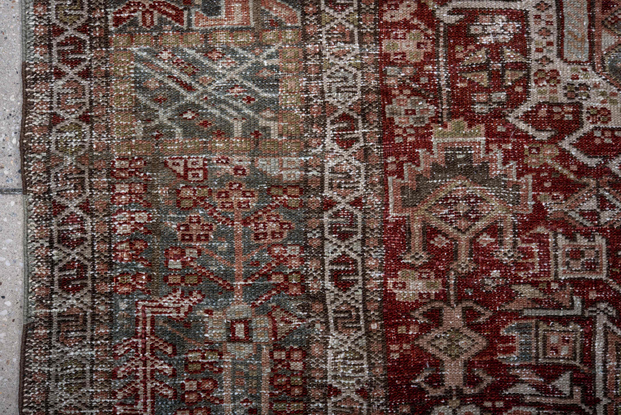 4' x 6' one-of-a-kind handmade antique Karaje small size rug. Color palette: rust, blue_gray, ivory, sage, taupe, burgundy
