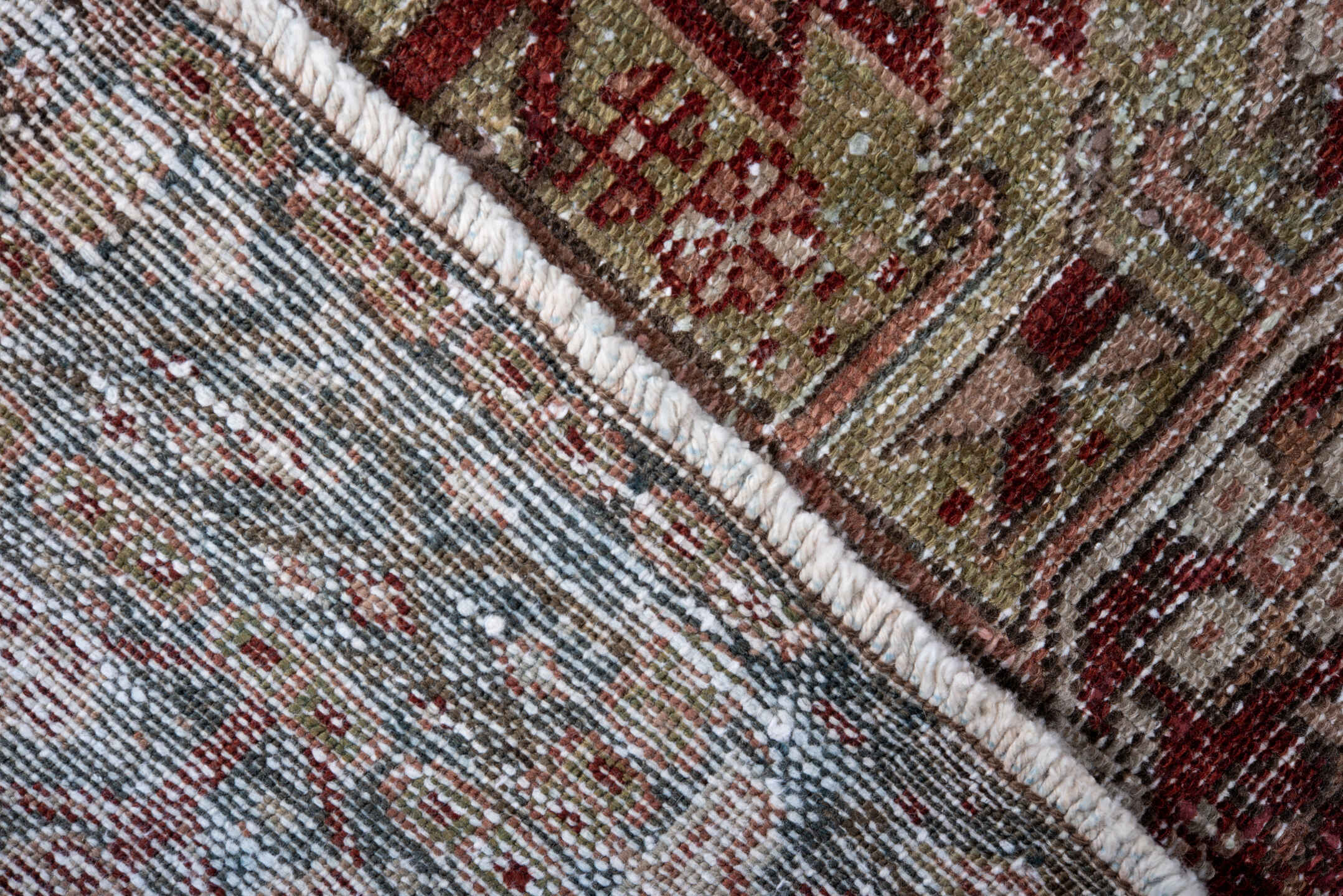 4' x 6' one-of-a-kind handmade antique Karaje small size rug. Color palette: rust, blue_gray, ivory, sage, taupe, burgundy