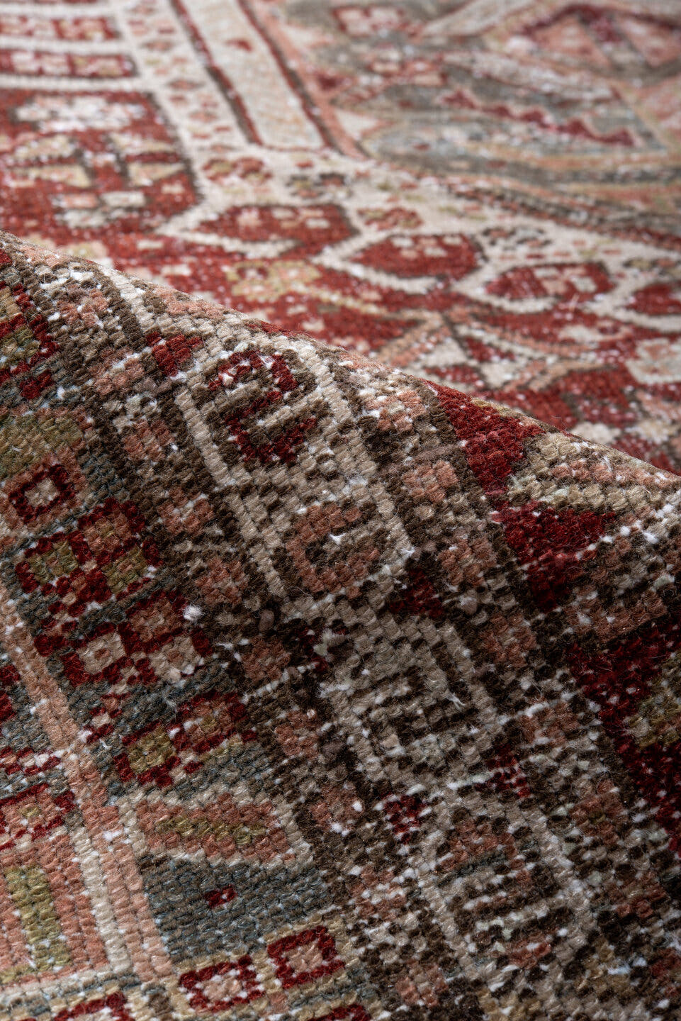 4' x 6' one-of-a-kind handmade antique Karaje small size rug. Color palette: rust, blue_gray, ivory, sage, taupe, burgundy