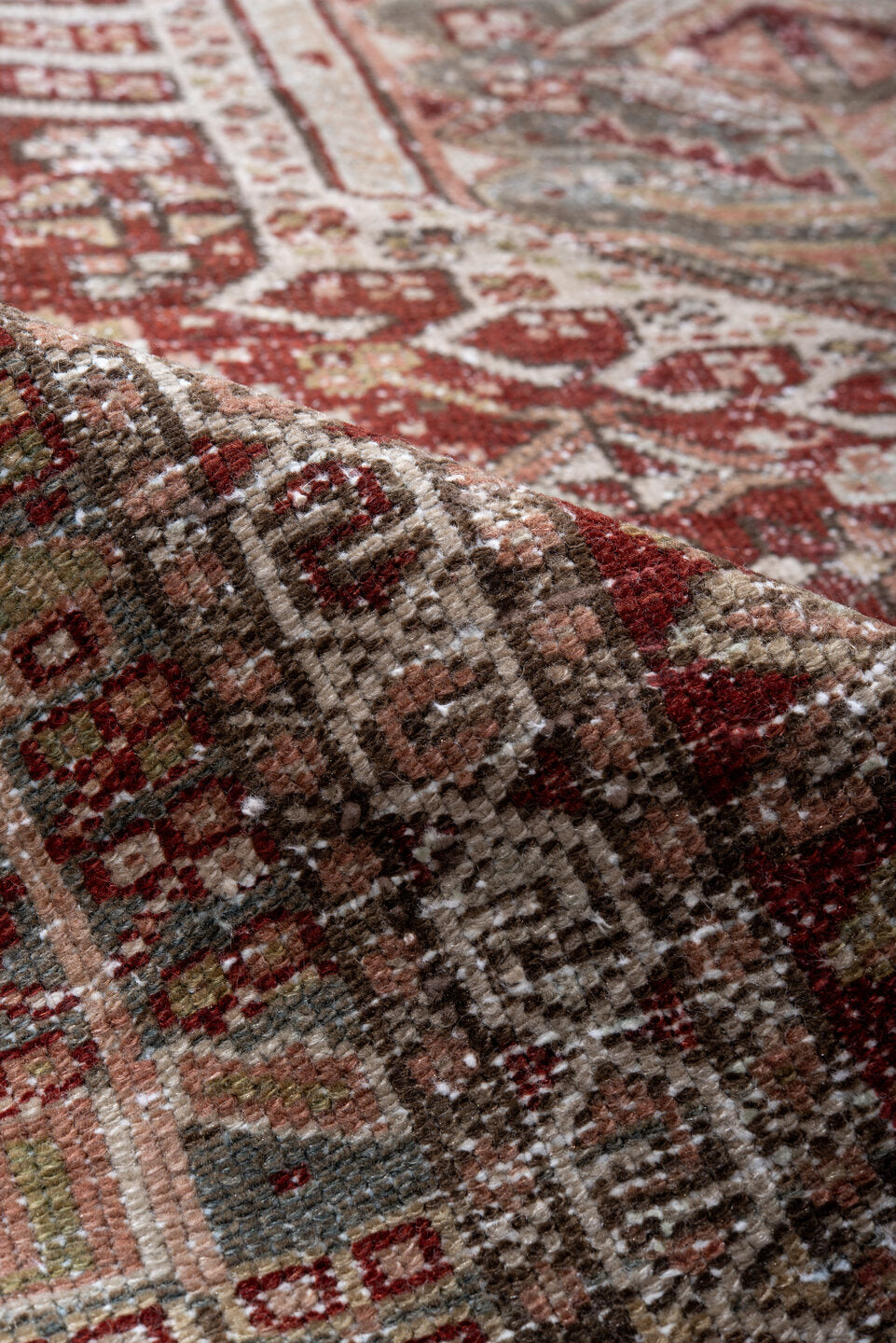 4' x 6' one-of-a-kind handmade antique Karaje small size rug. Color palette: rust, blue_gray, ivory, sage, taupe, burgundy
